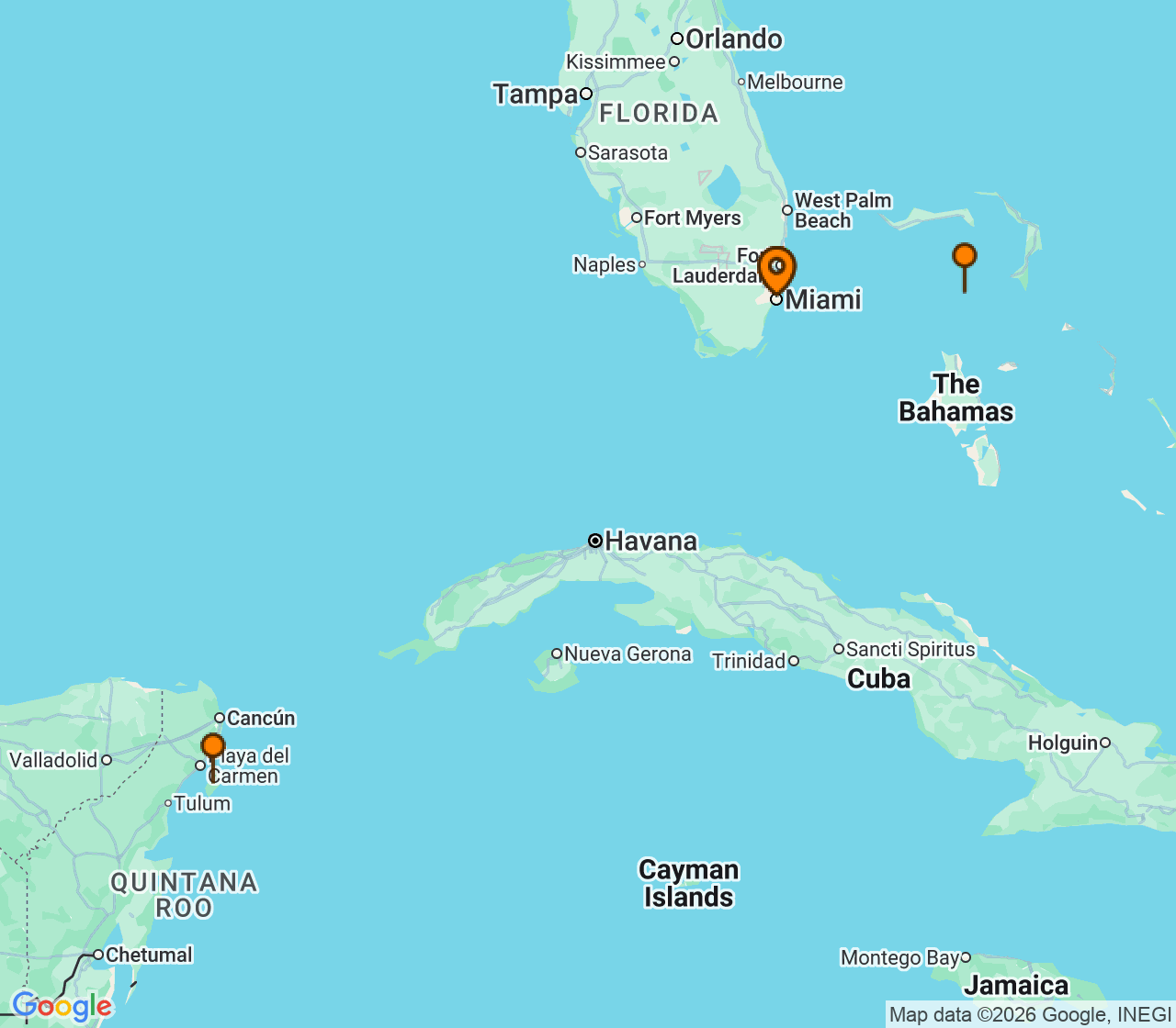Harta itinerariu Croaziera 2027 - Caraibe si America Centrala (Miami, FL) - Royal Caribbean Cruise Line - Hero of the Seas - 5 nopti