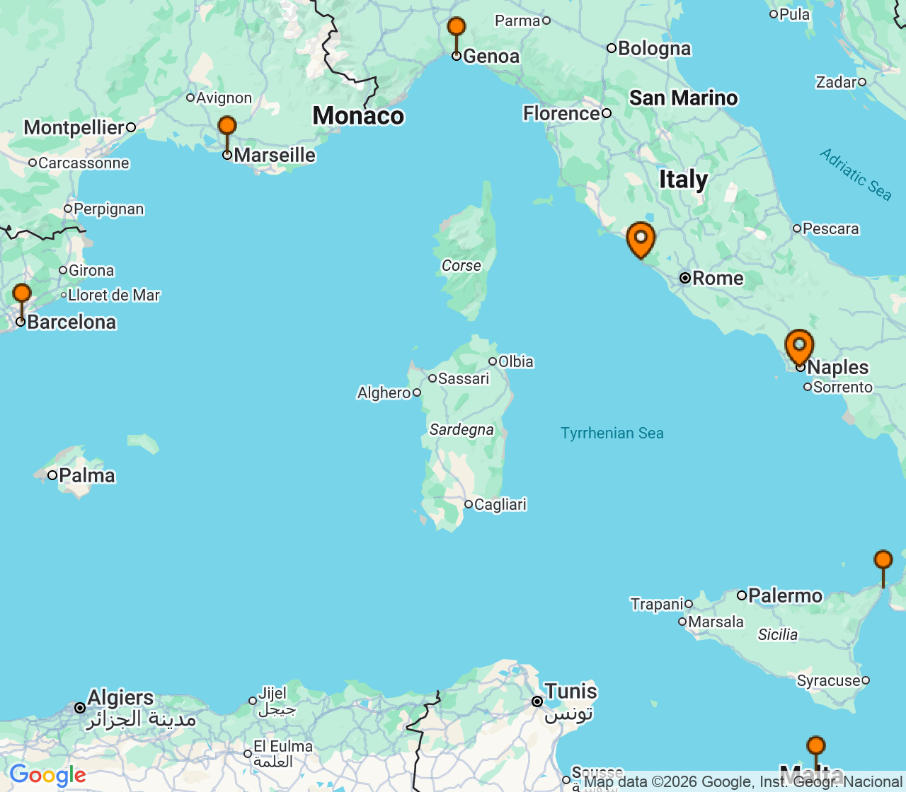 Harta itinerariu Croaziera 2027 - Mediterana (Roma (Civitavecchia), Italia) - MSC Cruises - MSC World Asia - 7 nopti