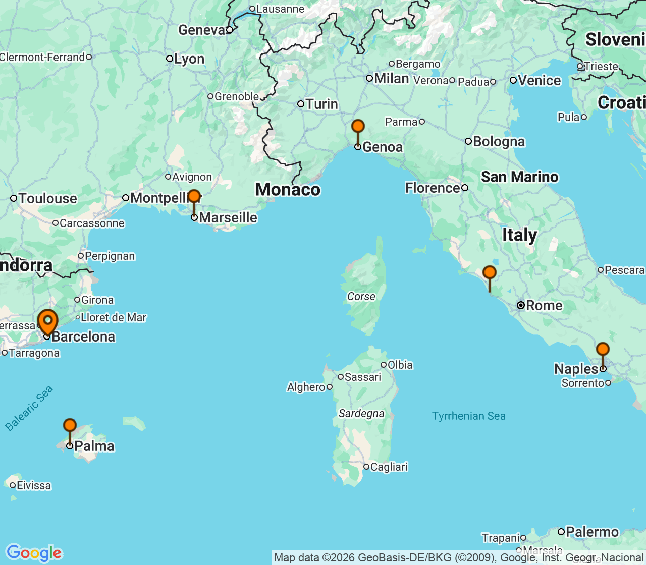 Harta itinerariu Croaziera 2026 - Mediterana (Barcelona, Spania) - Costa Cruises - Costa Toscana - 7 nopti