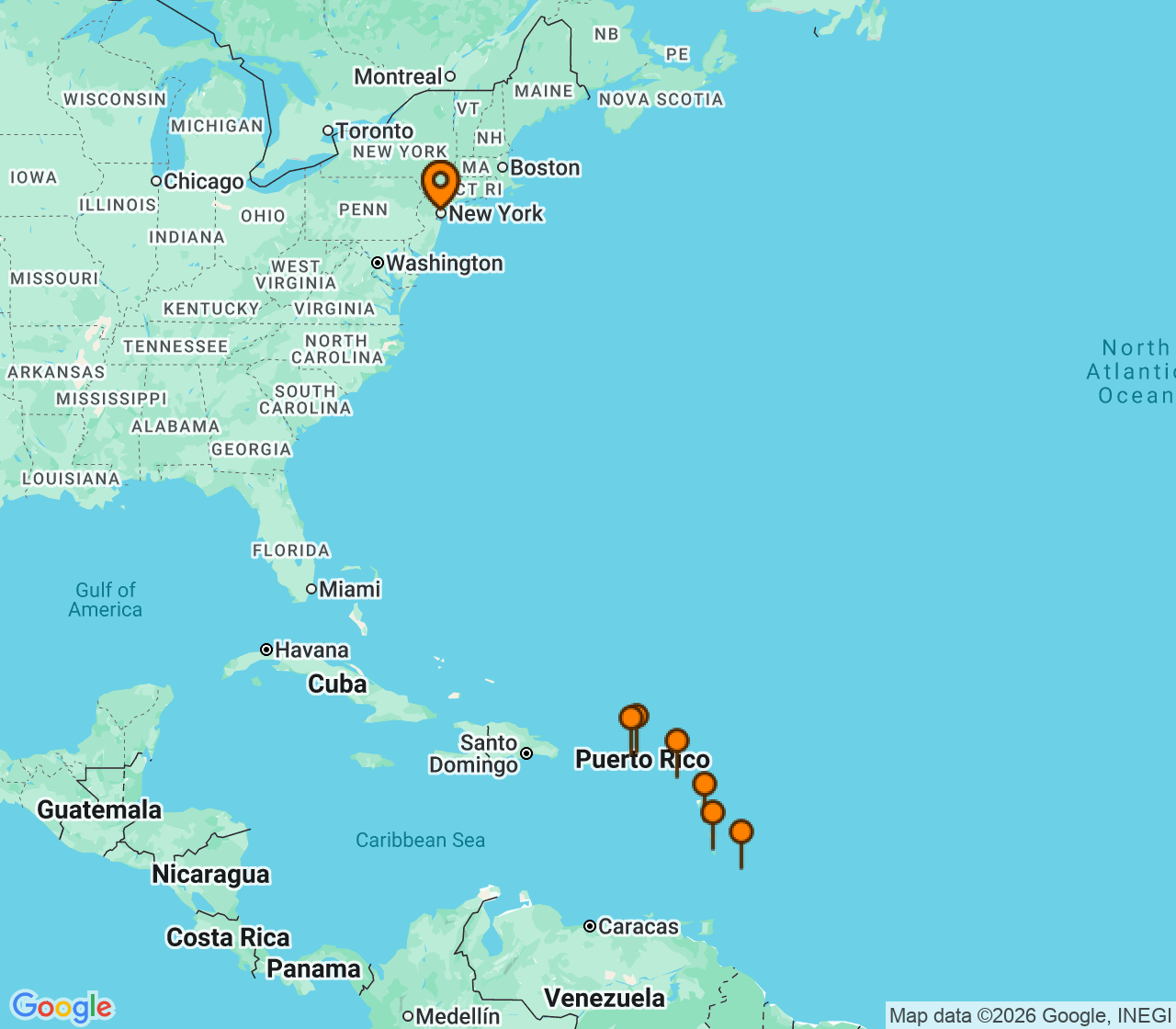 Harta itinerariu Croaziera 2028 - Caraibe si America Centrala (New York (Brooklyn), NY) - Cunard Line - Queen Mary 2 - 14 nopti