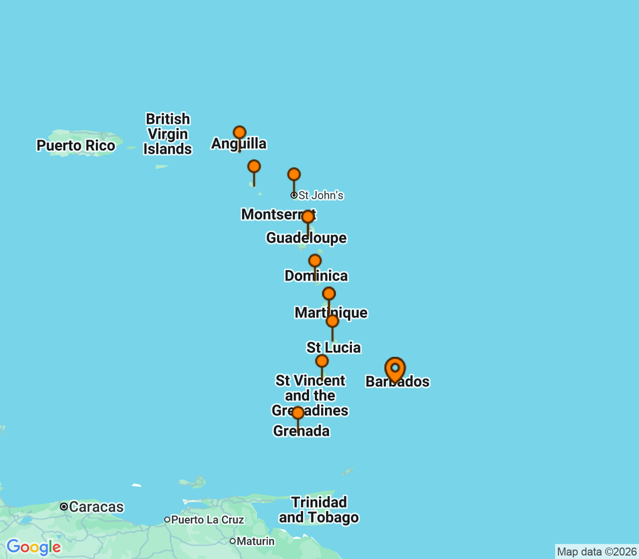 Harta itinerariu Croaziera 2027 - Caraibe si America Centrala (Bridgetown, Barbados) - MSC Cruises - MSC World Asia - 14 nopti