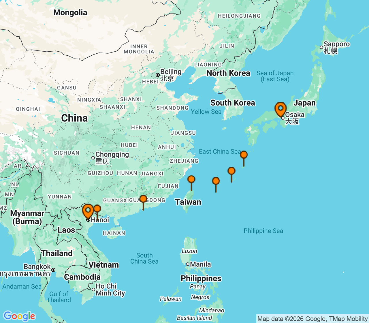 Harta itinerariu Croaziera 2027 - Asia (Orientul Indepartat) (Kobe, Japonia) - Windstar Cruises - Star Seeker - 13 nopti