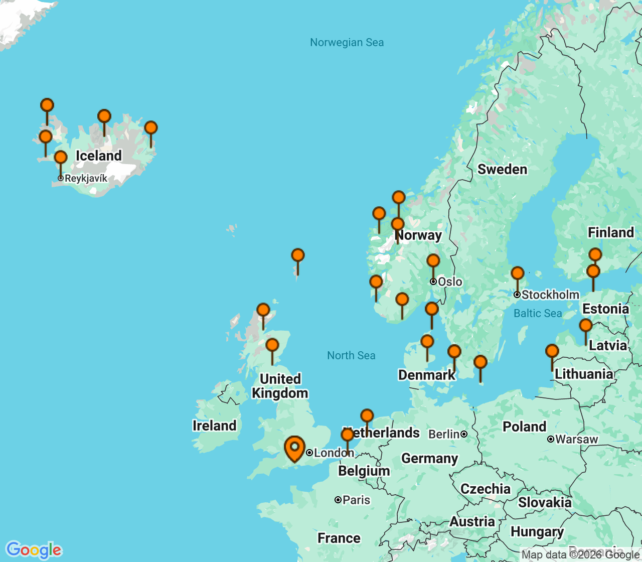 Harta itinerariu Croaziera 2028 - Europa de Nord (Southampton, Anglia) - Princess Cruises - Caribbean Princess - 41 nopti