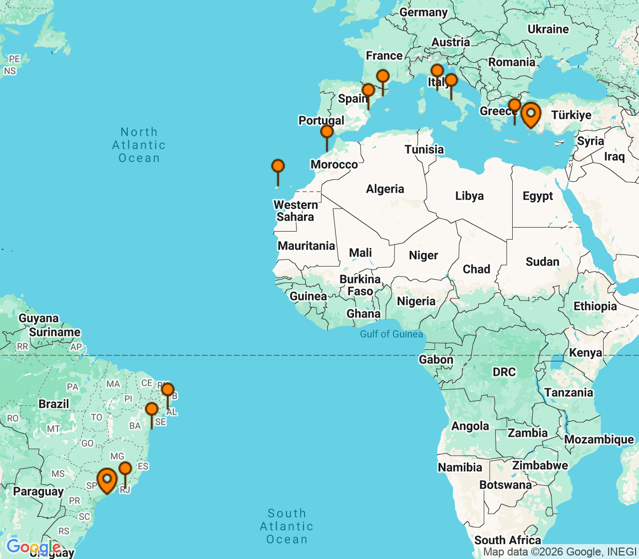 Harta itinerariu Croaziera 2028 - Repozitionari si Transoceanic (Santos, Brazilia) - MSC Cruises - MSC Divina - 22 nopti