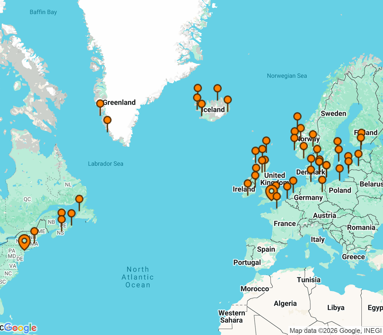 Harta itinerariu Croaziera 2027 - Europa de Nord (Southampton, Anglia) - Oceania Cruises - Vista - 64 nopti
