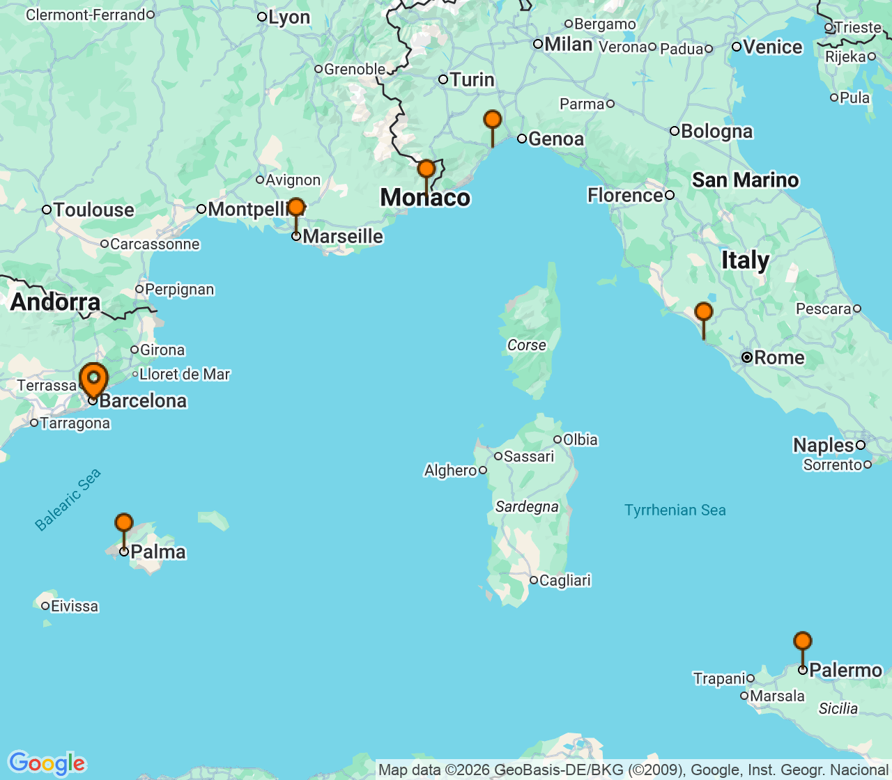 Harta itinerariu Croaziera 2027 - Mediterana (Barcelona, Spania) - Costa Cruises - Costa Toscana - 7 nopti
