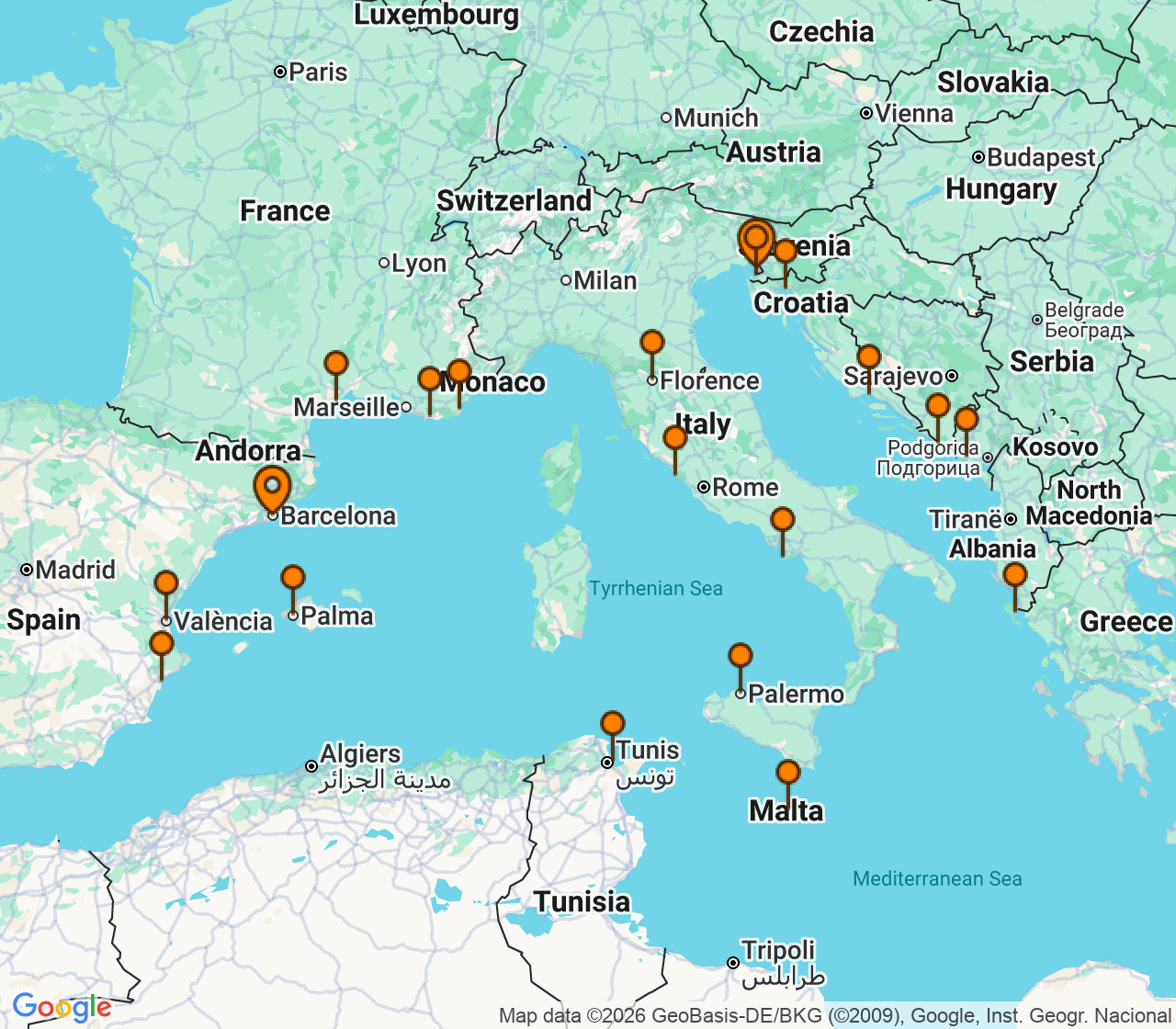 Harta itinerariu Croaziera 2029 - Grand Voyage si Tematice (Trieste, Italia) - Oceania Cruises - Allura - 21 nopti