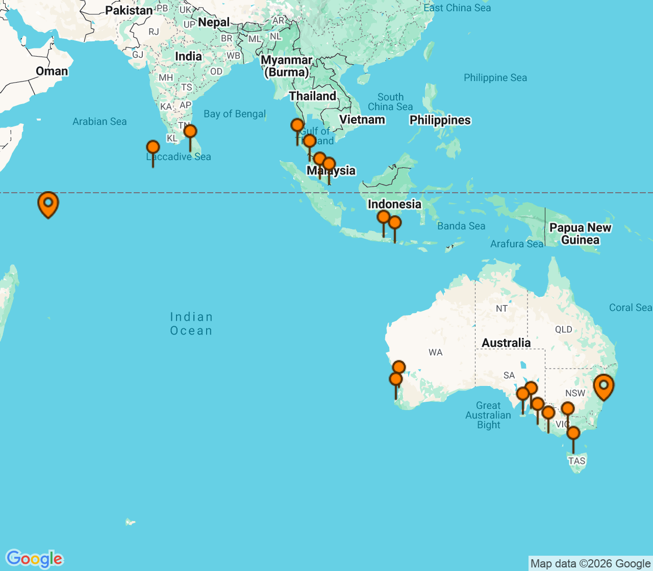 Harta itinerariu Croaziera 2029 - Grand Voyage si Tematice (Sydney, Australia) - Seabourn - Seabourn Quest - 37 nopti