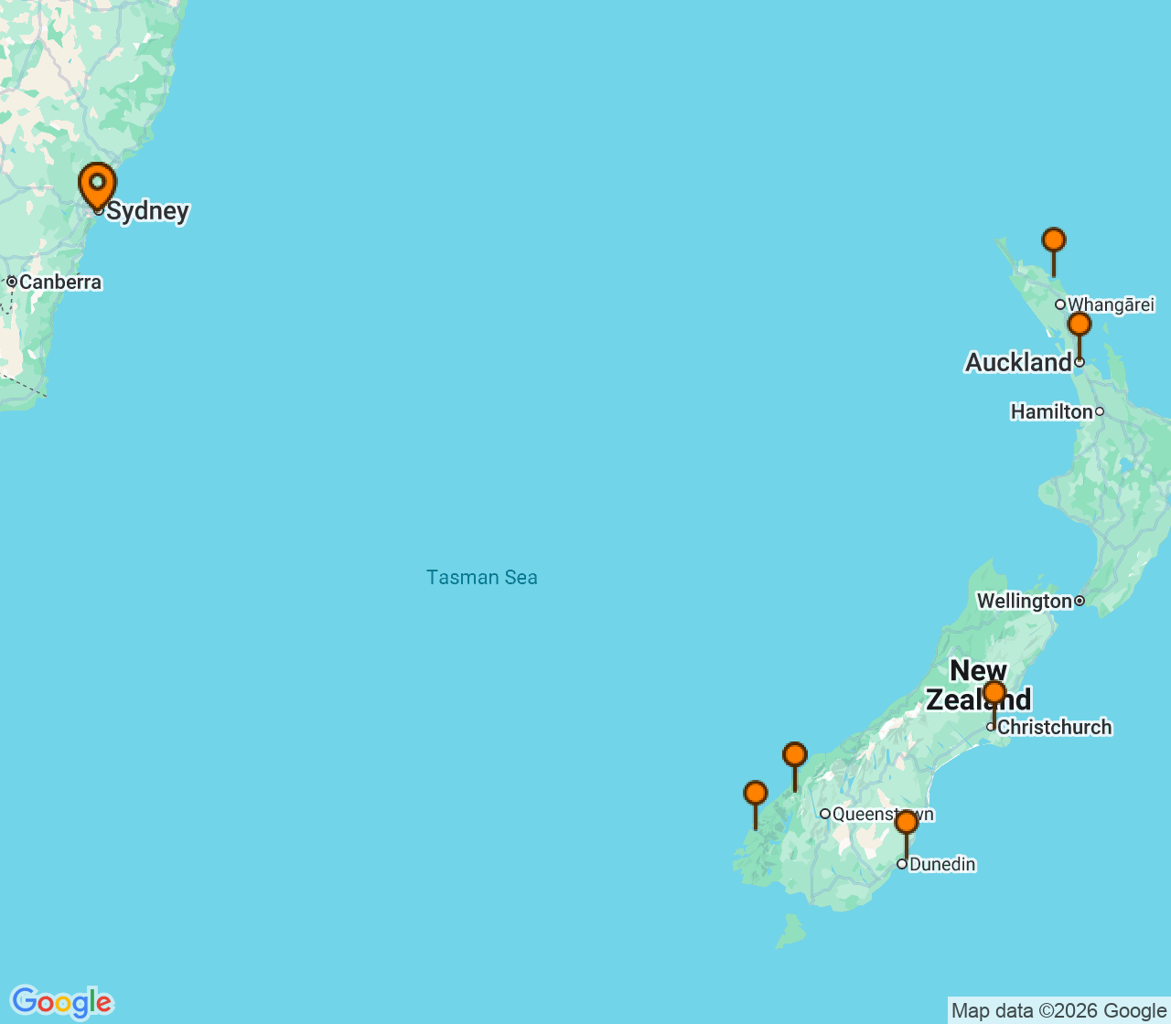Harta itinerariu Croaziera 2029 - Australia si Noua Zeelanda (Sydney, Australia) - Celebrity Cruises - Celebrity Edge - 11 nopti