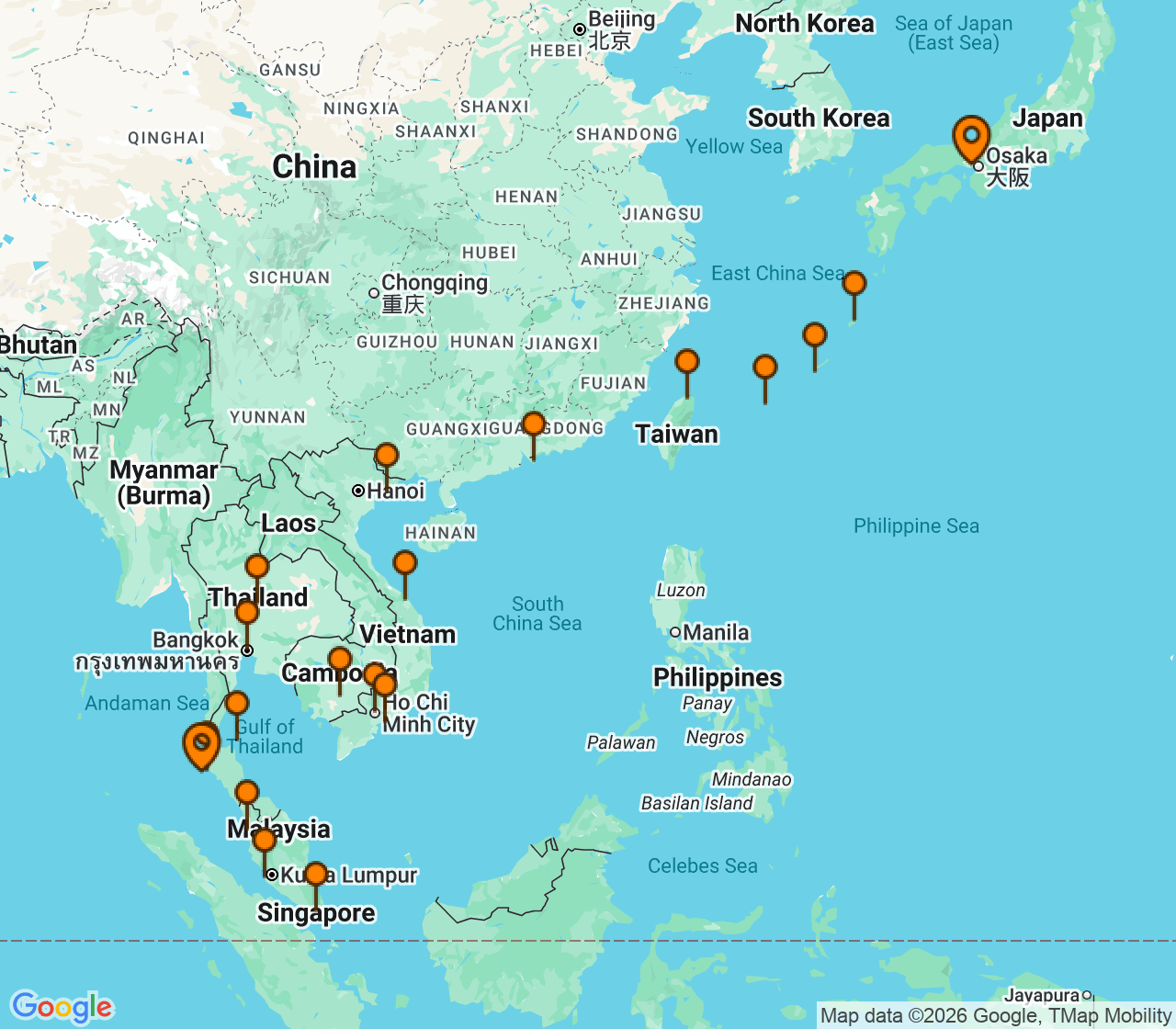 Harta itinerariu Croaziera 2027 - Asia (Orientul Indepartat) (Kobe, Japonia) - Windstar Cruises - Star Seeker - 31 nopti