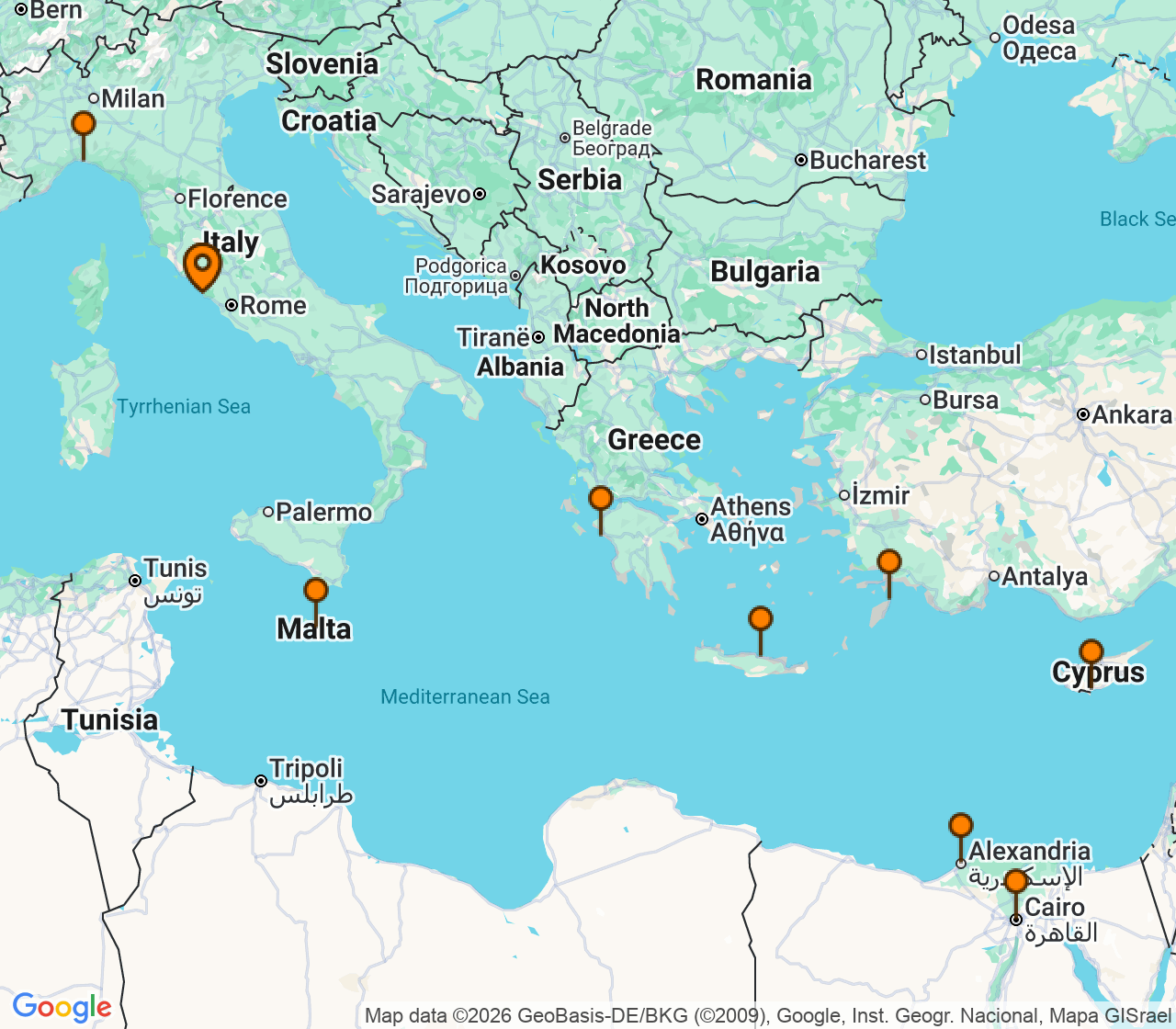 Harta itinerariu Croaziera 2027 - Mediterana (Roma (Civitavecchia), Italia) - MSC Cruises - MSC Armonia - 13 nopti