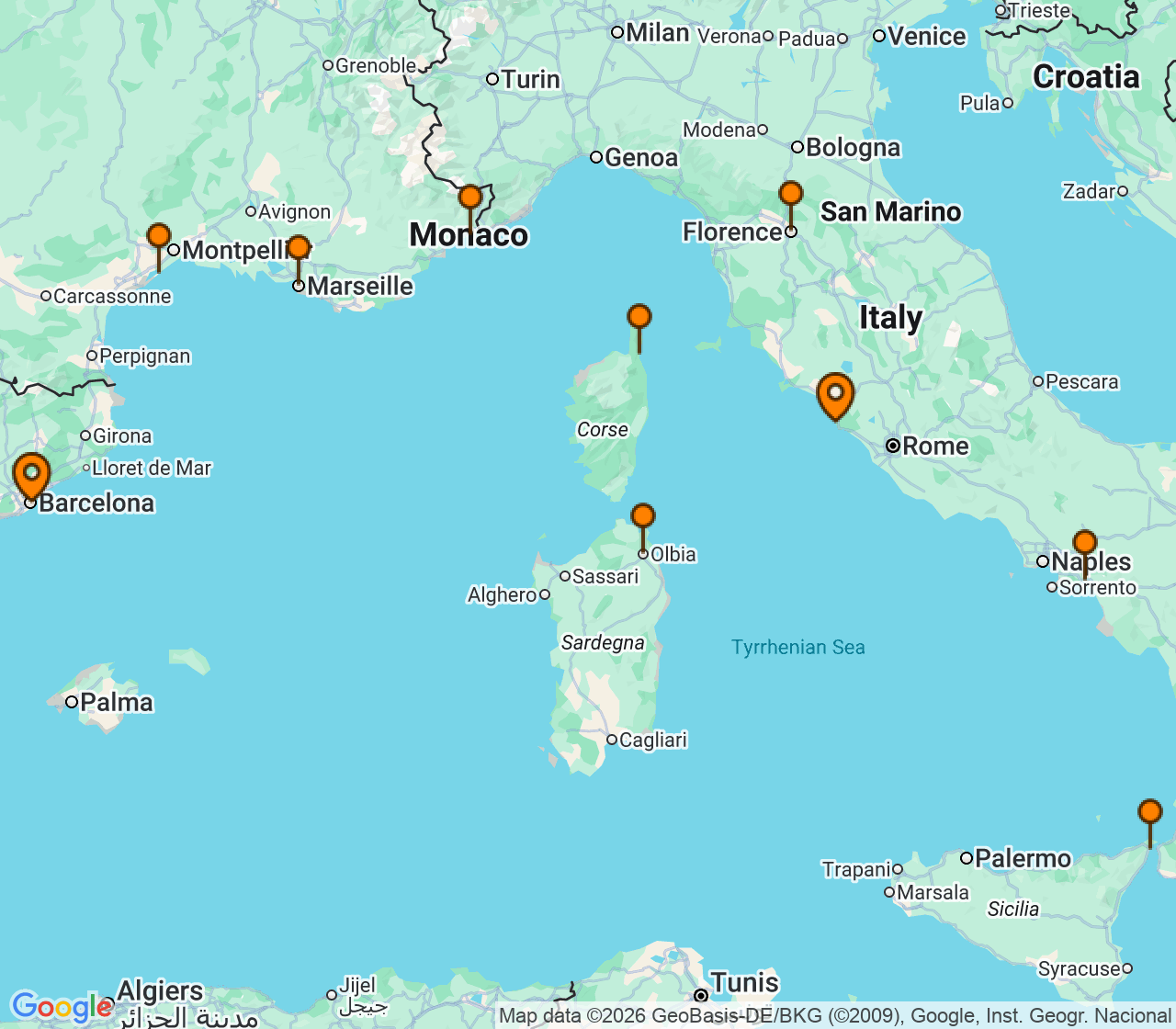 Harta itinerariu Croaziera 2027 - Mediterana (Barcelona, Spania) - Oceania Cruises - Nautica - 10 nopti