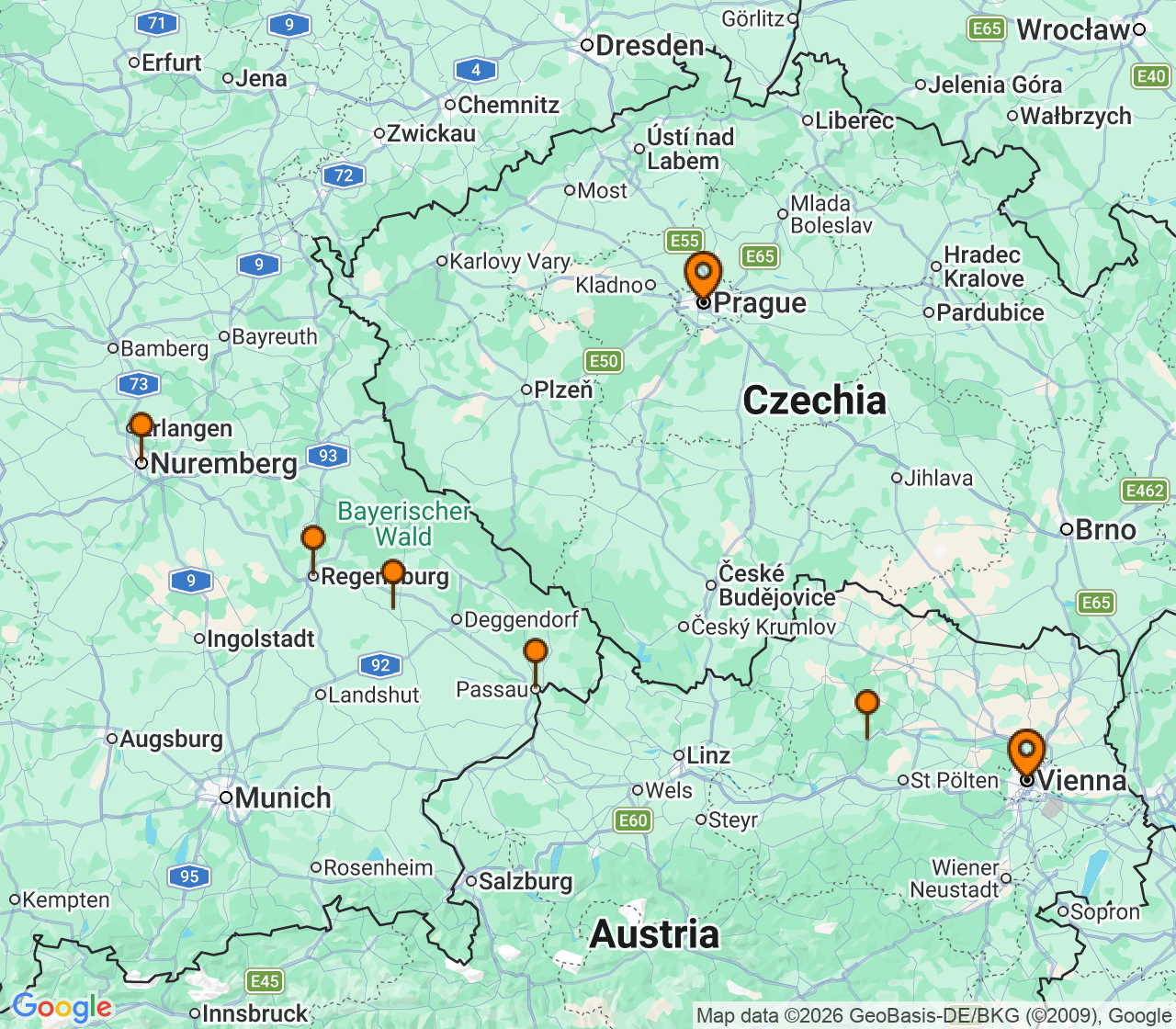 Harta itinerariu Croaziera 2027 - Europa de Nord (Praga, Republica Ceha) - Uniworld River Cruises - S.S. Emilie - 9 nopti
