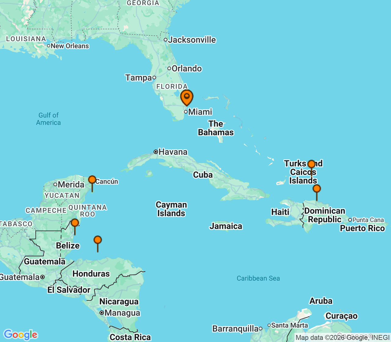 Harta itinerariu Croaziera 2027 - Caraibe si America Centrala (Fort Lauderdale, Florida) - Princess Cruises - Star Princess - 14 nopti