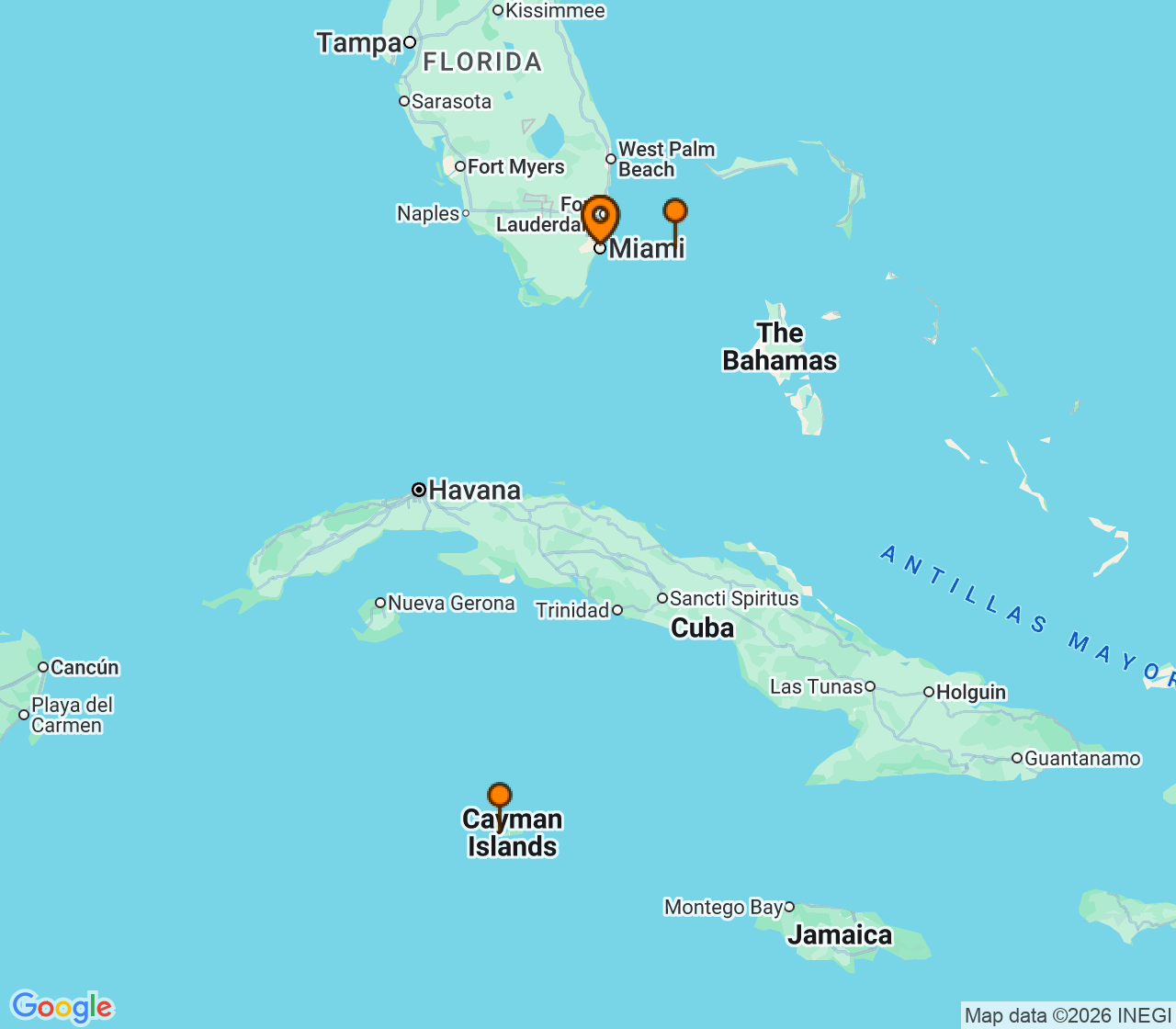 Harta itinerariu Croaziera 2027 - Caraibe si America Centrala (Miami, FL) - Virgin Voyages - Valiant Lady - 5 nopti