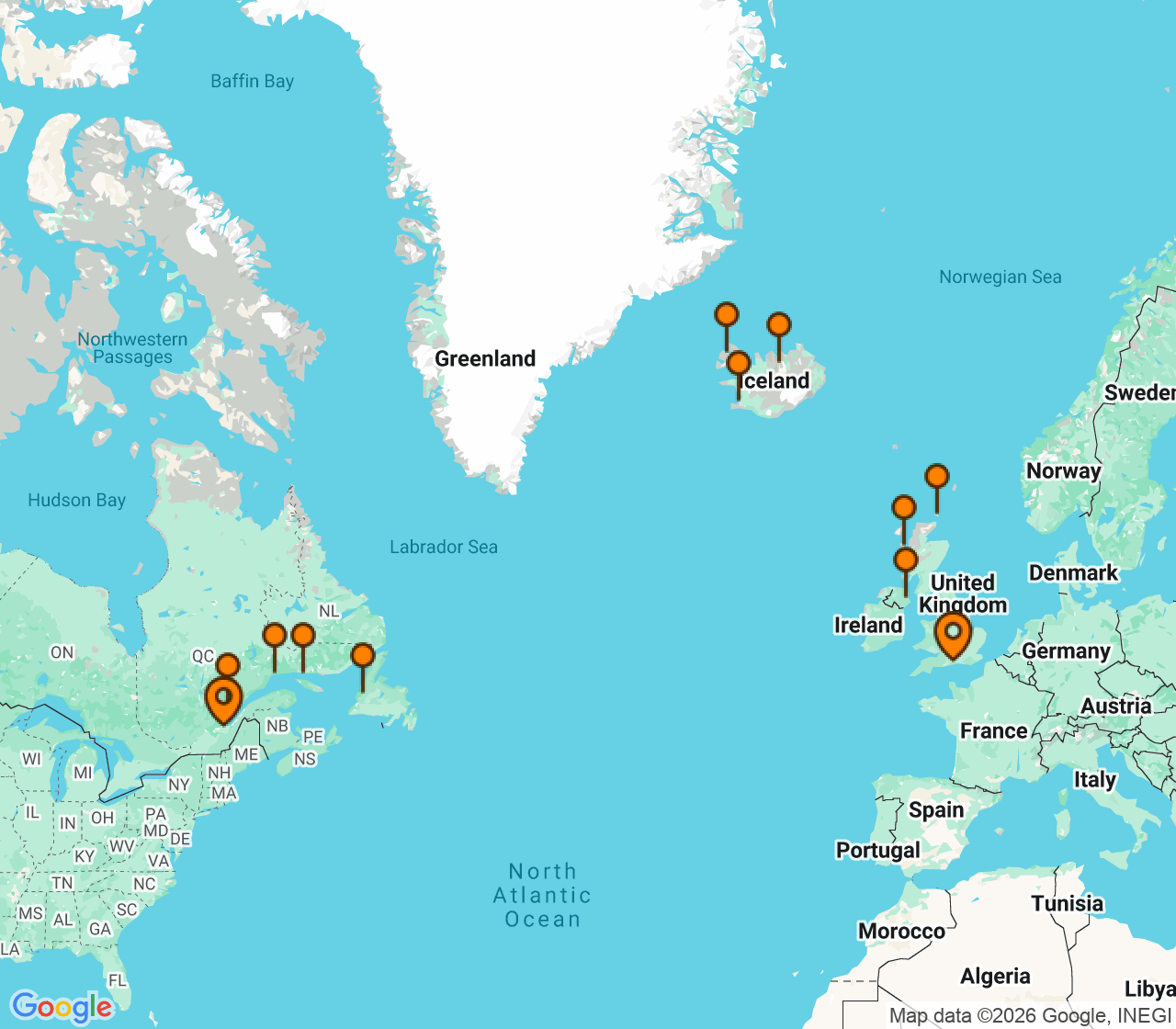 Harta itinerariu Croaziera 2028 - Grand Voyage si Tematice (Orasul Quebec, Canada) - Explora Journeys - Explora IV - 18 nopti