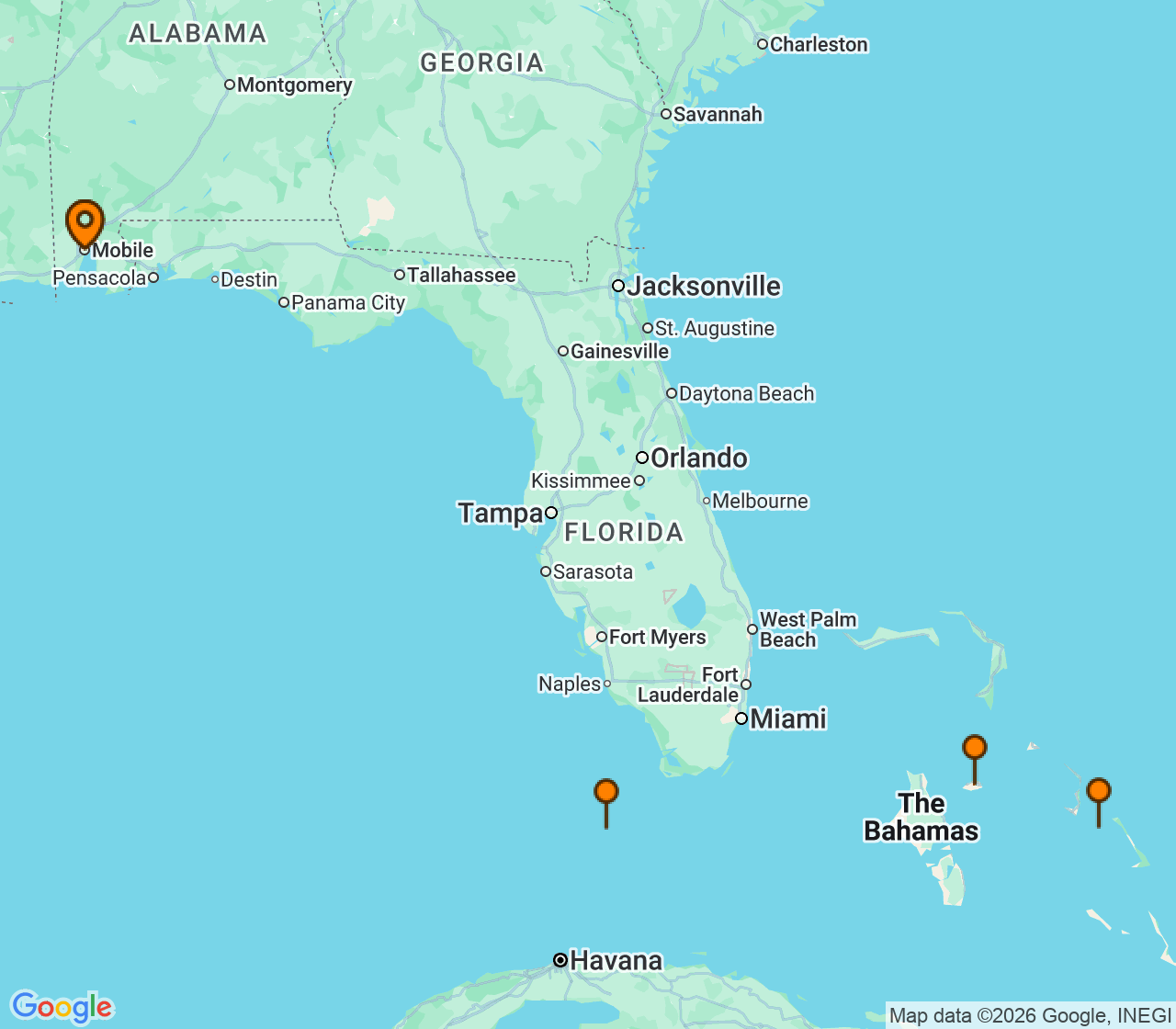 Harta itinerariu Croaziera 2026 - Caraibe si America Centrala (Mobile, AL) - Carnival Cruise Line - Carnival Spirit - 7 nopti
