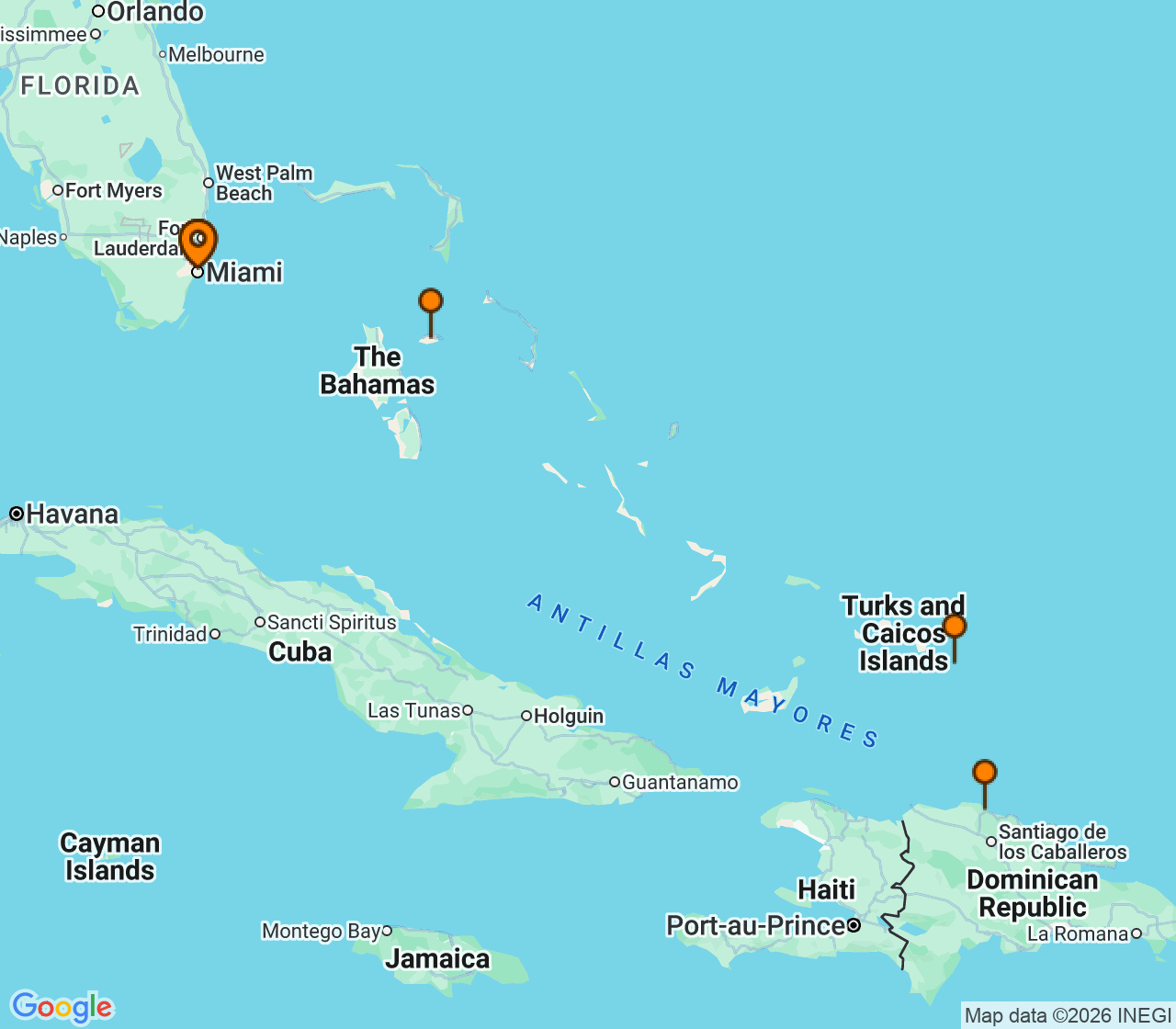 Harta itinerariu Croaziera 2027 - Caraibe si America Centrala (Miami, FL) - Carnival Cruise Line - Carnival Magic - 6 nopti