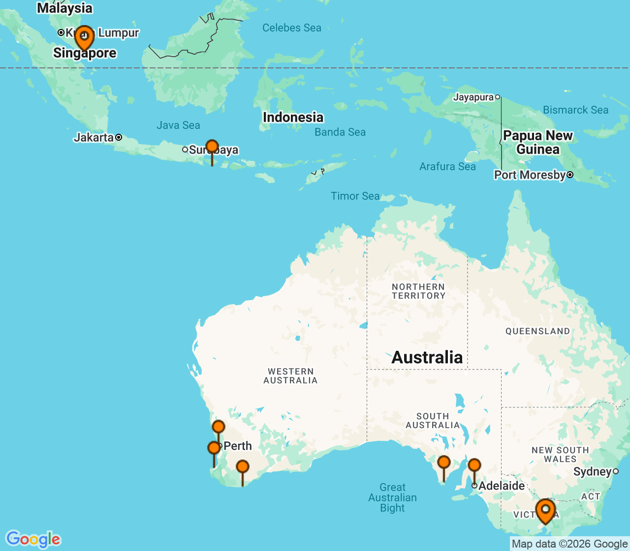 Harta itinerariu Croaziera 2027 - Australia si Noua Zeelanda (Singapore) - Silversea Cruises - Silver Moon - 18 nopti