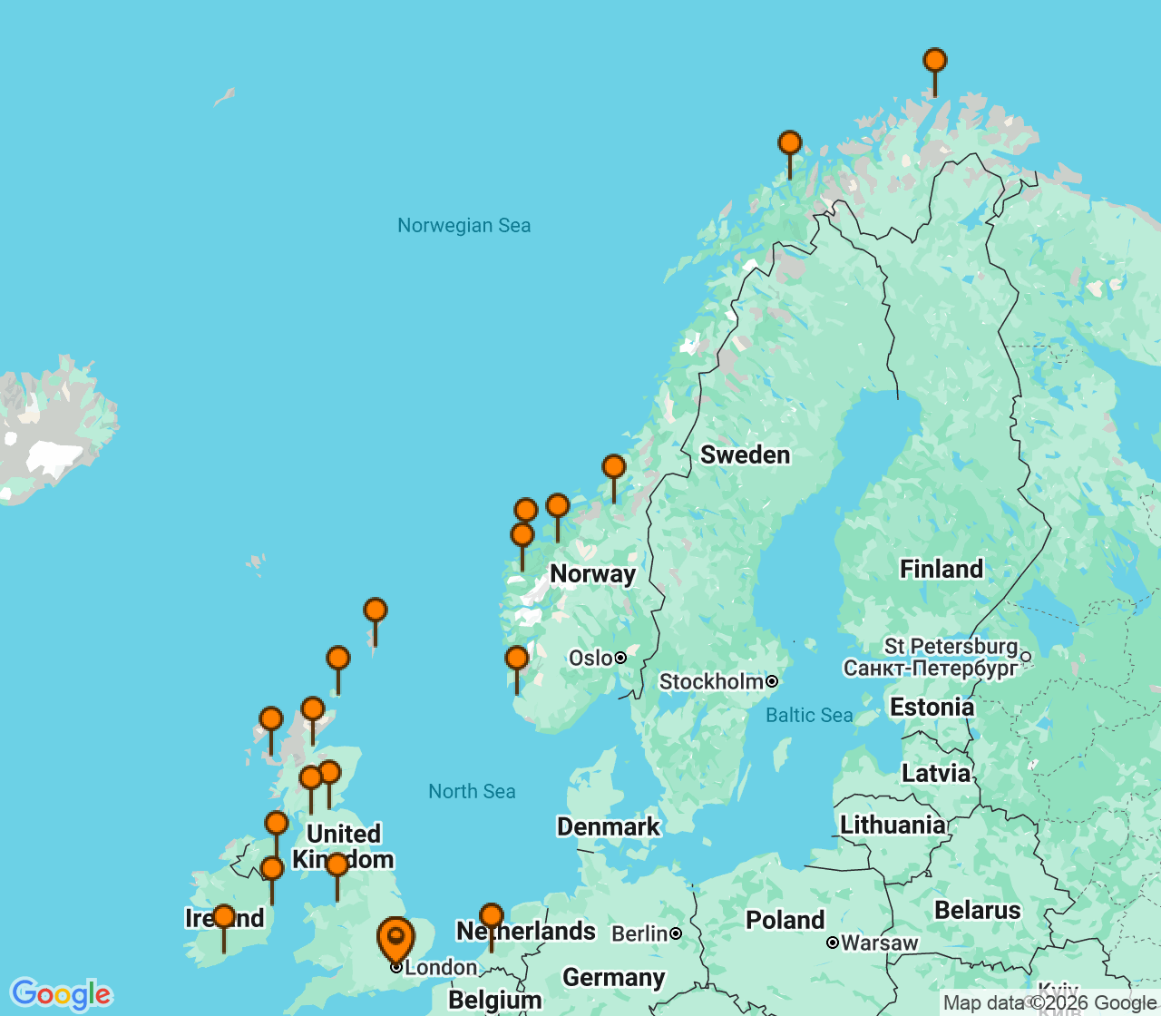 Harta itinerariu Croaziera 2028 - Europa de Nord (Dover (Londra), Anglia) - Holland America Line - Nieuw Statendam - 28 nopti