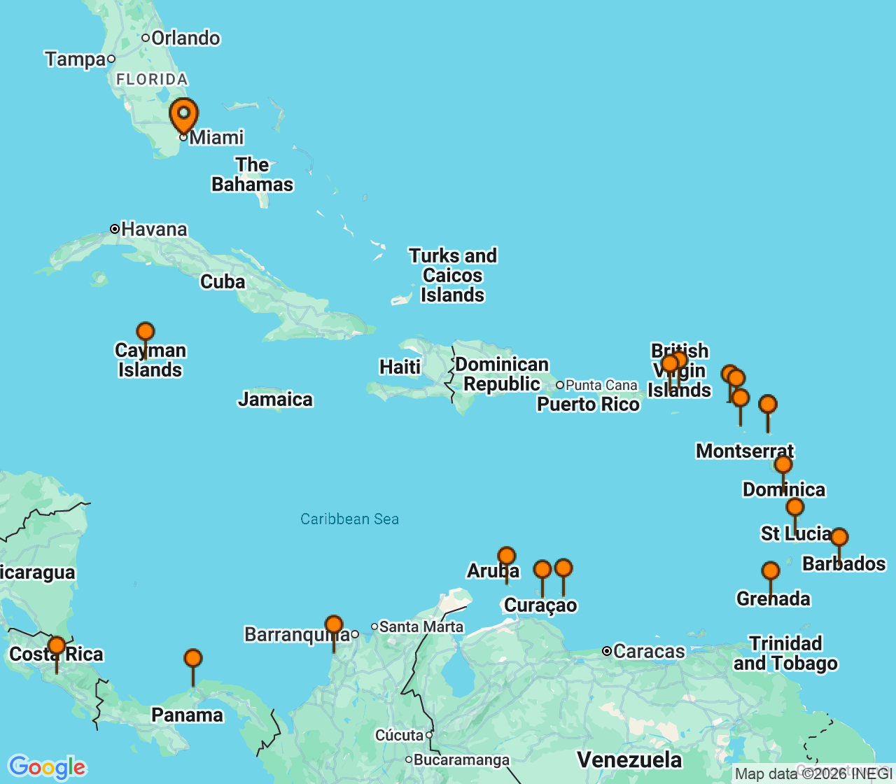 Harta itinerariu Croaziera 2027 - Caraibe si America Centrala (Miami, FL) - Regent Seven Seas Cruises - Seven Seas Voyager - 25 nopti