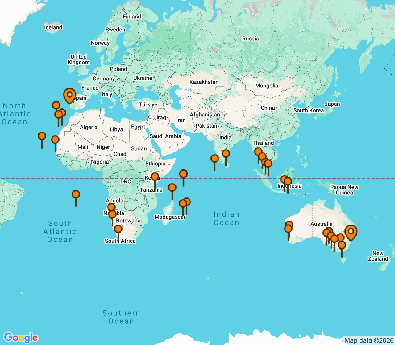 Harta itinerariu Croaziera 2029 - Grand Voyage si Tematice (Sydney, Australia) - Seabourn - Seabourn Quest - 80 nopti