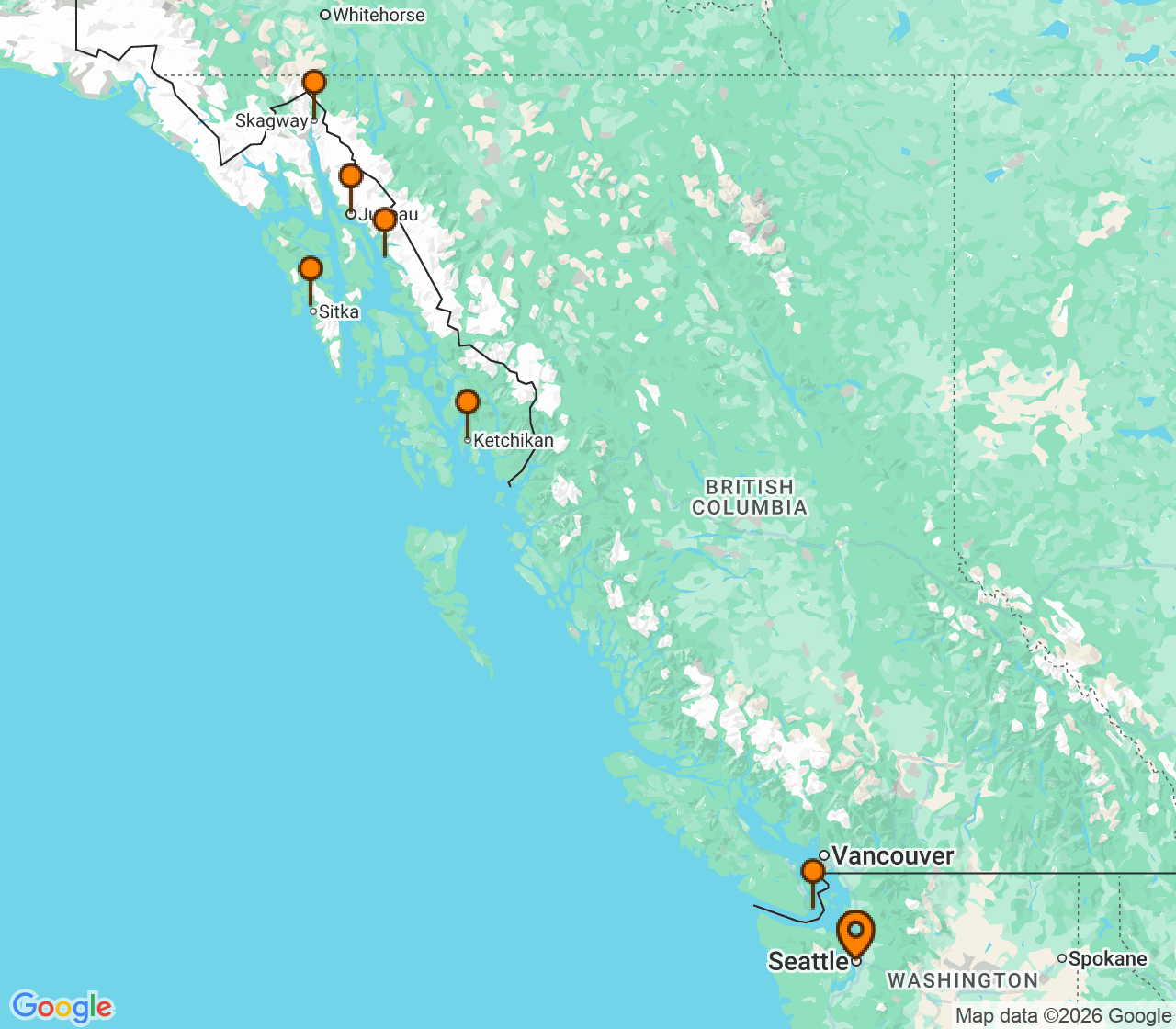 Harta itinerariu Croaziera 2028 - Alaska (Seattle, WA) - Norwegian Cruise Line - Norwegian Joy - 9 nopti