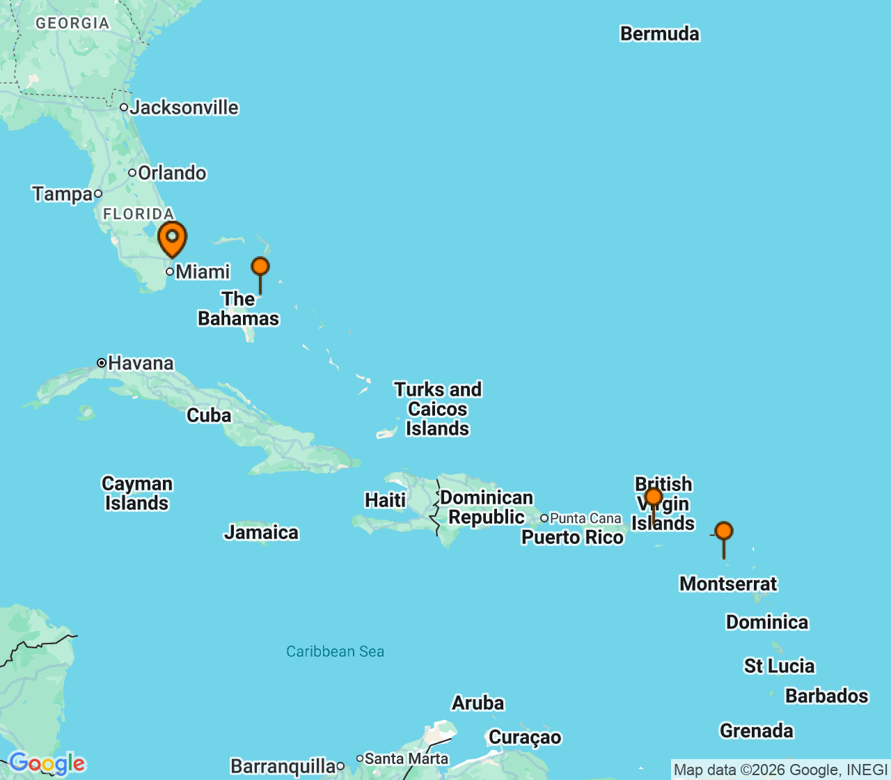 Harta itinerariu Croaziera 2027 - Caraibe si America Centrala (Fort Lauderdale, Florida) - Royal Caribbean Cruise Line - Allure Of The Seas - 7 nopti