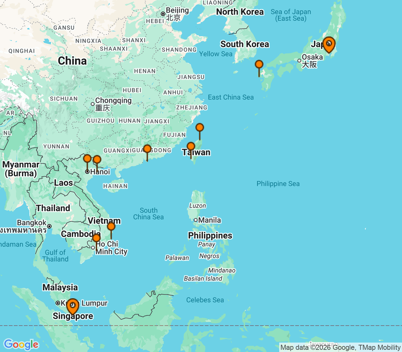 Harta itinerariu Croaziera 2028 - Asia (Orientul Indepartat) (Singapore) - Princess Cruises - Sapphire Princess - 15 nopti