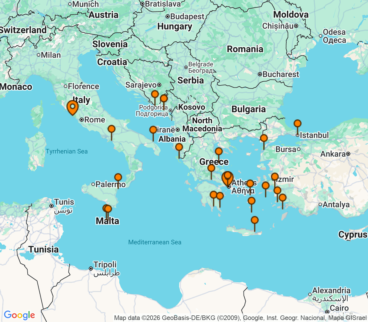 Harta itinerariu Croaziera 2028 - Mediterana (Roma (Civitavecchia), Italia) - Seabourn - Seabourn Ovation - 28 nopti