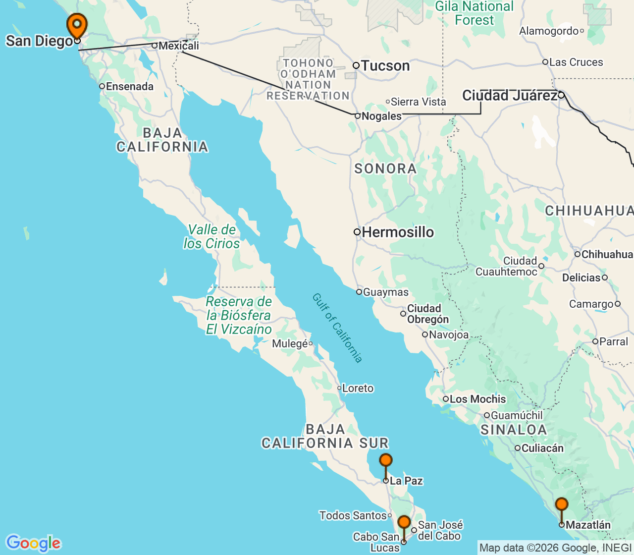 Harta itinerariu Croaziera 2026 - California si Riviera Mexicana (San Diego, CA) - Holland America Line - Koningsdam - 7 nopti
