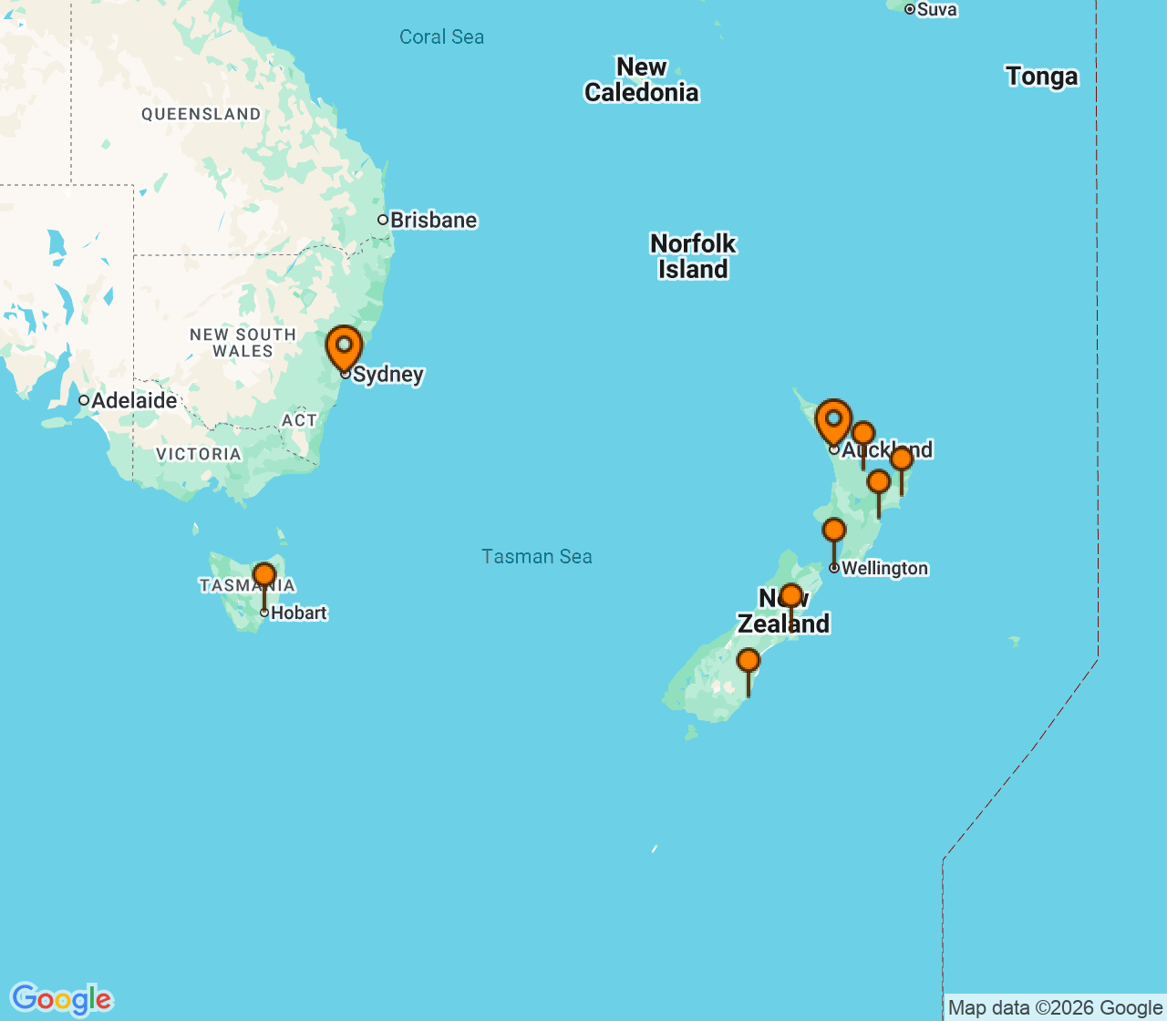 Harta itinerariu Croaziera 2027 - Tahiti si Pacificul de Sud (Sydney, Australia) - Oceania Cruises - Vista - 12 nopti