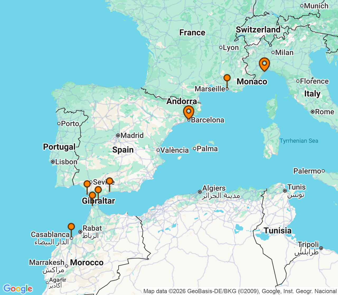 Harta itinerariu Croaziera 2026 - Mediterana (Barcelona, Spania) - Costa Cruises - Costa Diadema - 9 nopti