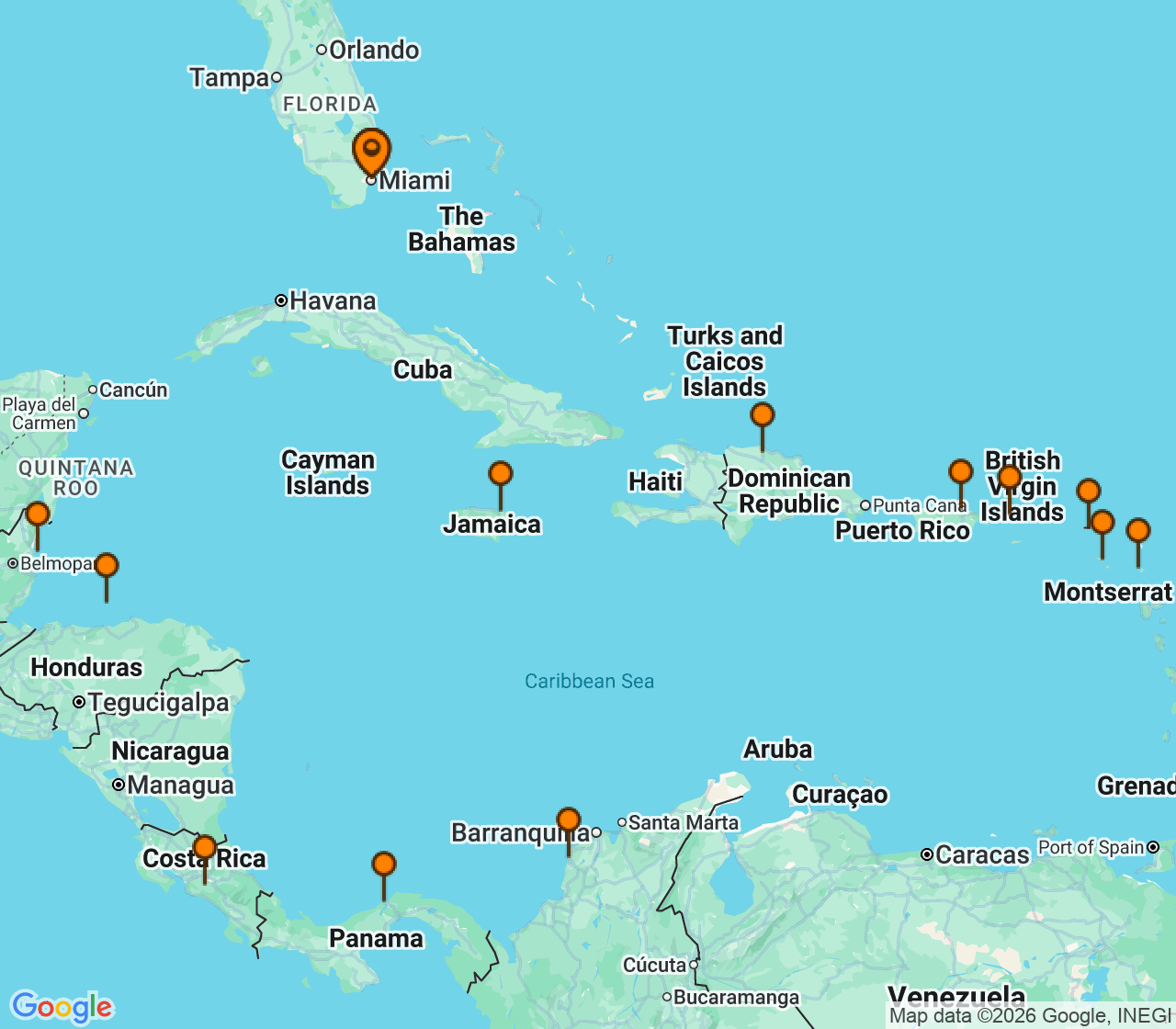 Harta itinerariu Croaziera 2026 - Caraibe si America Centrala (Miami, FL) - MSC Cruises - MSC Poesia - 21 nopti