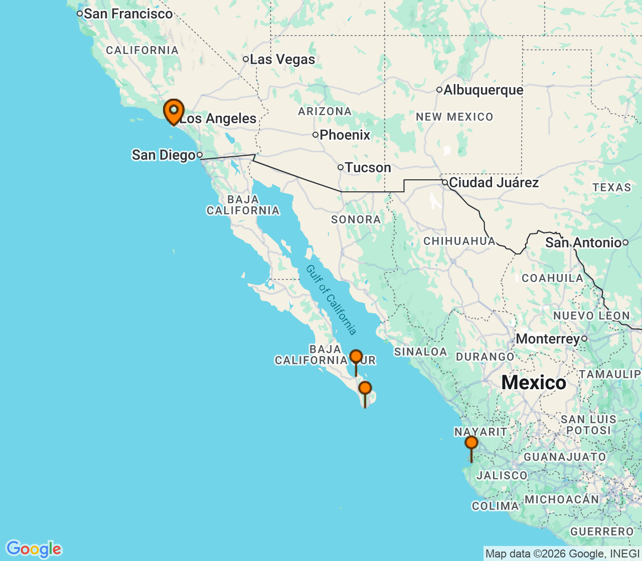 Harta itinerariu Croaziera 2027 - California si Riviera Mexicana (Los Angeles, CA) - Princess Cruises - Crown Princess - 10 nopti