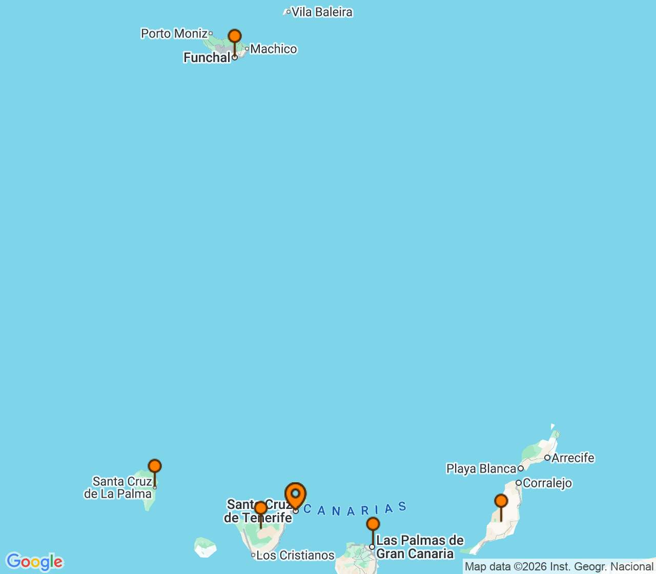 Harta itinerariu Croaziera 2028 - Mediterana (Santa Cruz de Tenerife, Insulele Canare) - Costa Cruises - Costa Smeralda - 7 nopti