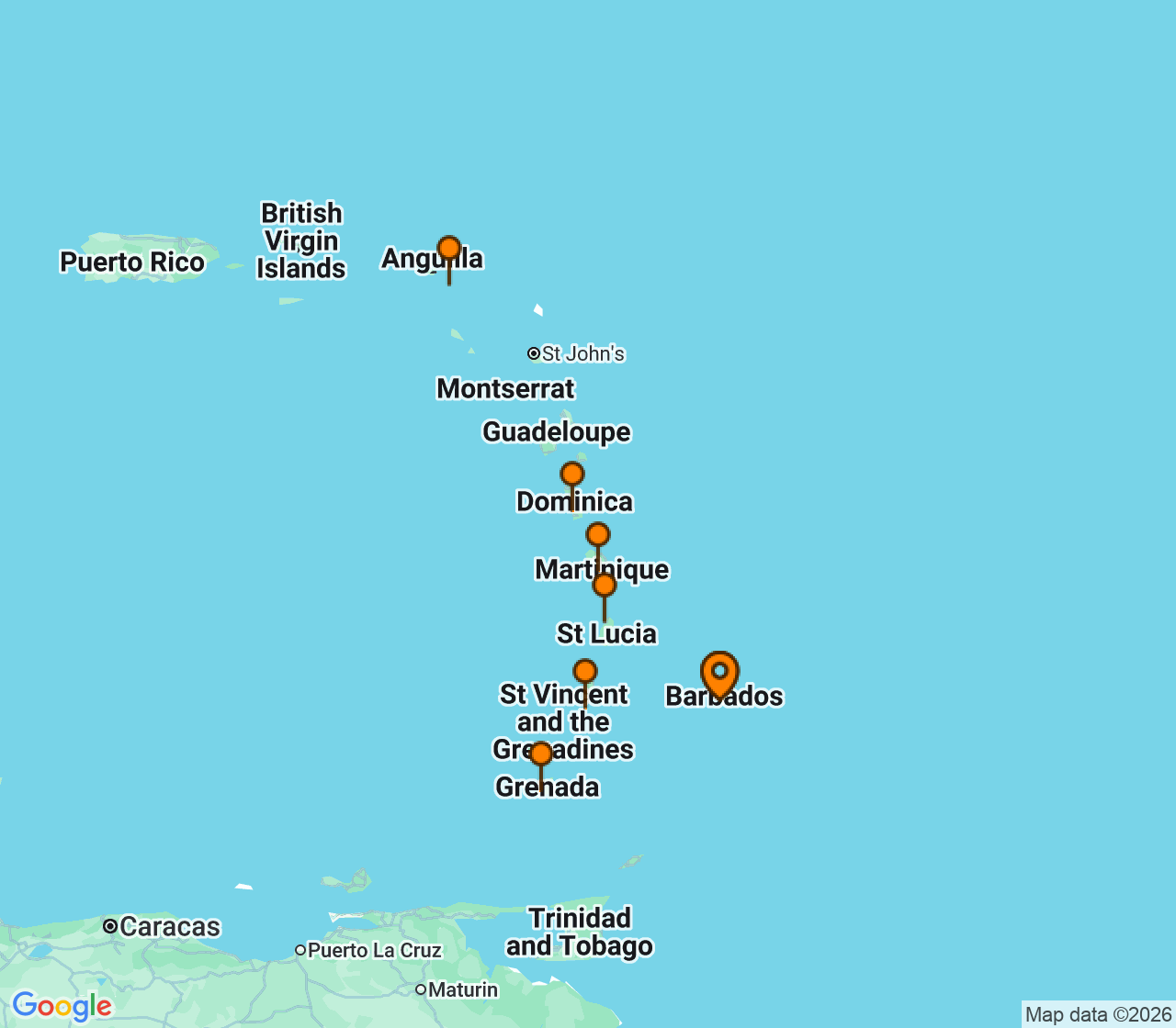 Harta itinerariu Croaziera 2028 - Caraibe si America Centrala (Bridgetown, Barbados) - Silversea Cruises - Silver Spirit - 7 nopti