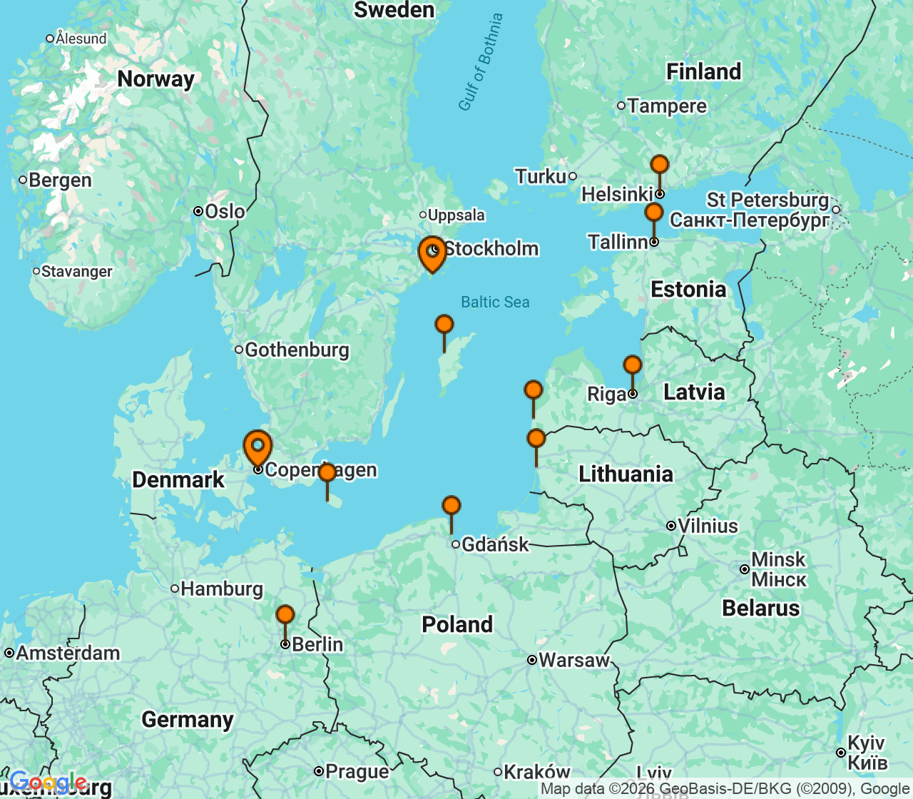 Harta itinerariu Croaziera 2028 - Europa de Nord (Copenhaga, Danemarca) - Oceania Cruises - Vista - 13 nopti