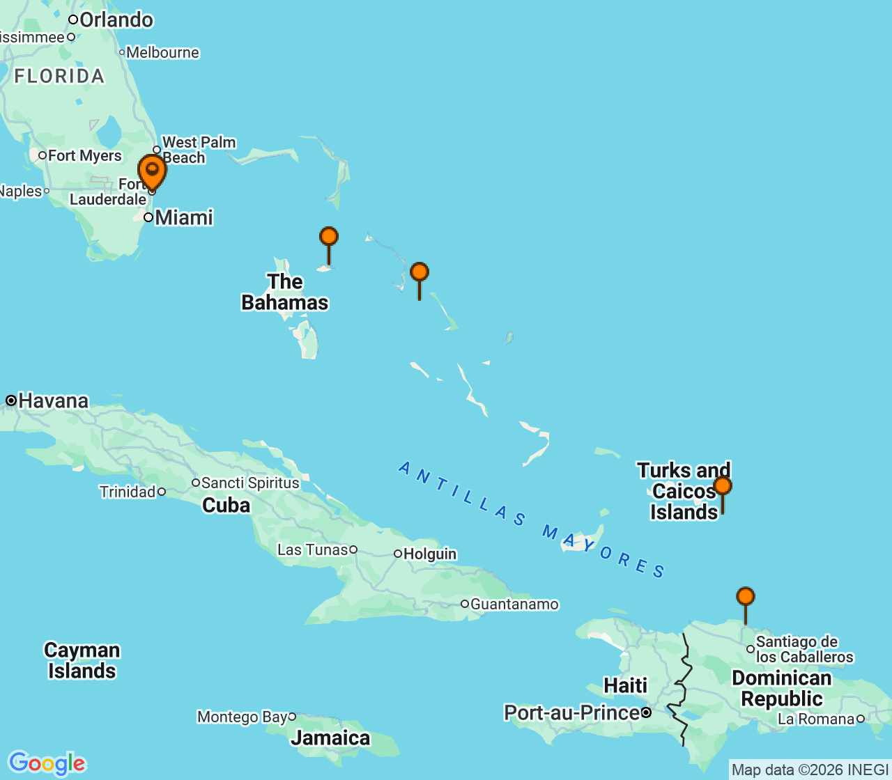 Harta itinerariu Croaziera 2027 - Caraibe si America Centrala (Fort Lauderdale, Florida) - Holland America Line - Zuiderdam - 12 nopti