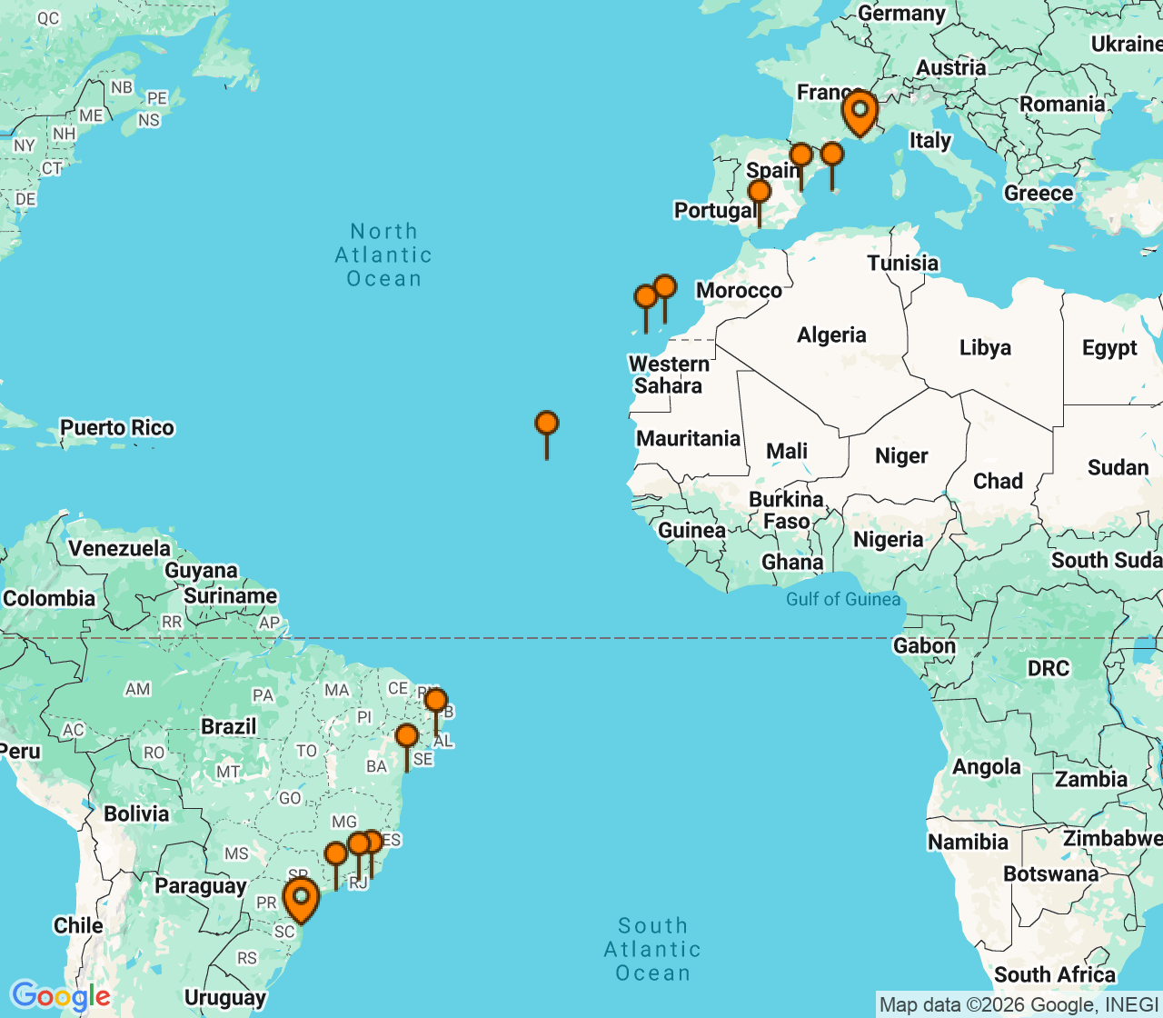 Harta itinerariu Croaziera 2028 - Repozitionari si Transoceanic (Itajai, Brazilia) - MSC Cruises - MSC Musica - 21 nopti