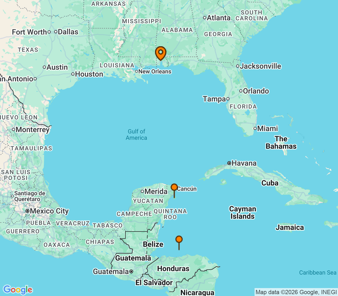 Harta itinerariu Croaziera 2027 - Caraibe si America Centrala (Mobile, AL) - Carnival Cruise Line - Carnival Spirit - 6 nopti