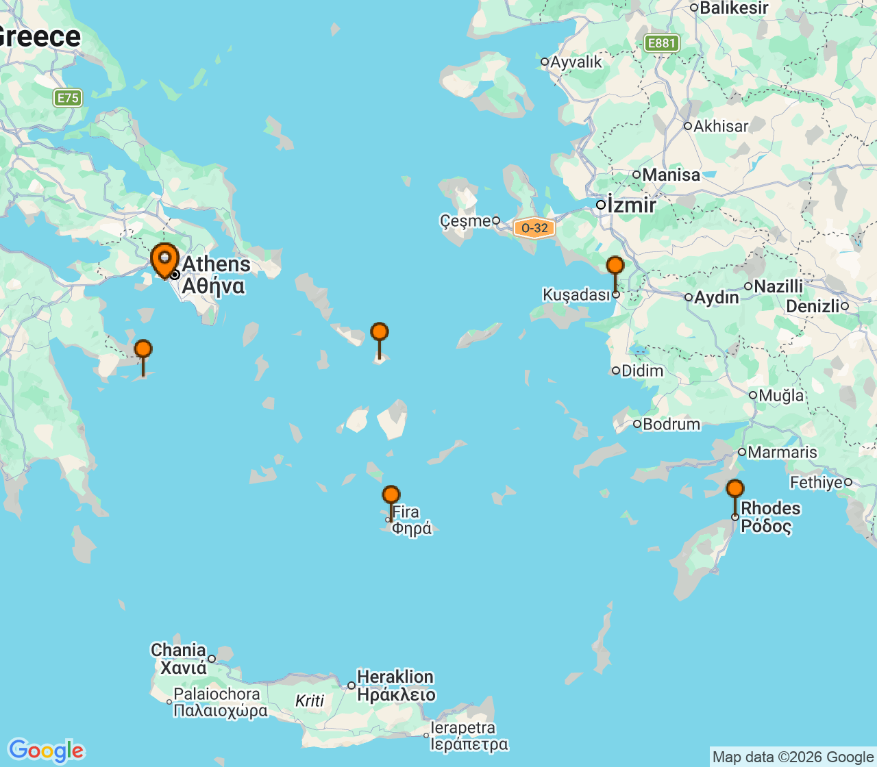Harta itinerariu Croaziera 2027 - Mediterana (Atena (Piraeus), Grecia) - Celebrity Cruises - Celebrity Infinity - 7 nopti