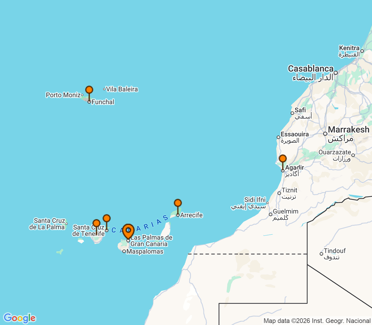 Harta itinerariu Croaziera 2027 - Mediterana (Las Palmas, Insulele Canare) - Costa Cruises - Costa Smeralda - 7 nopti