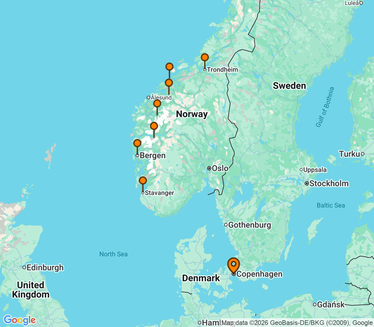 Harta itinerariu Croaziera 2027 - Europa de Nord (Copenhaga, Danemarca) - Silversea Cruises - Silver Dawn - 10 nopti