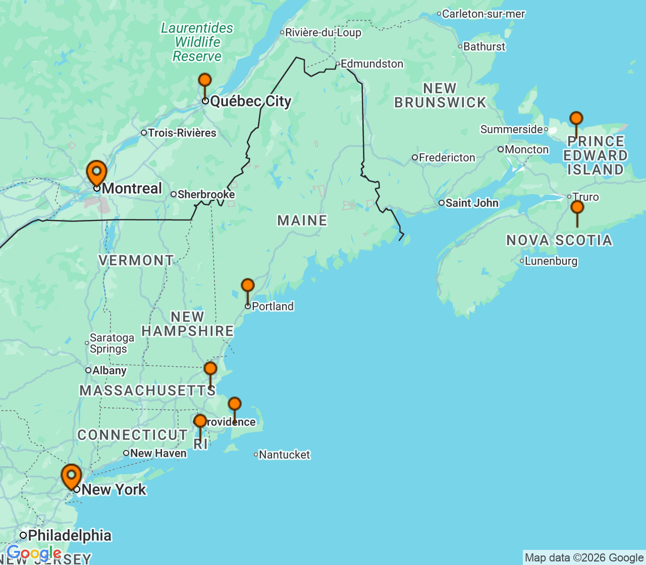 Harta itinerariu Croaziera 2026 - Canada si Noua Anglie (Pe mare) - Silversea Cruises - Silver Shadow - 11 nopti