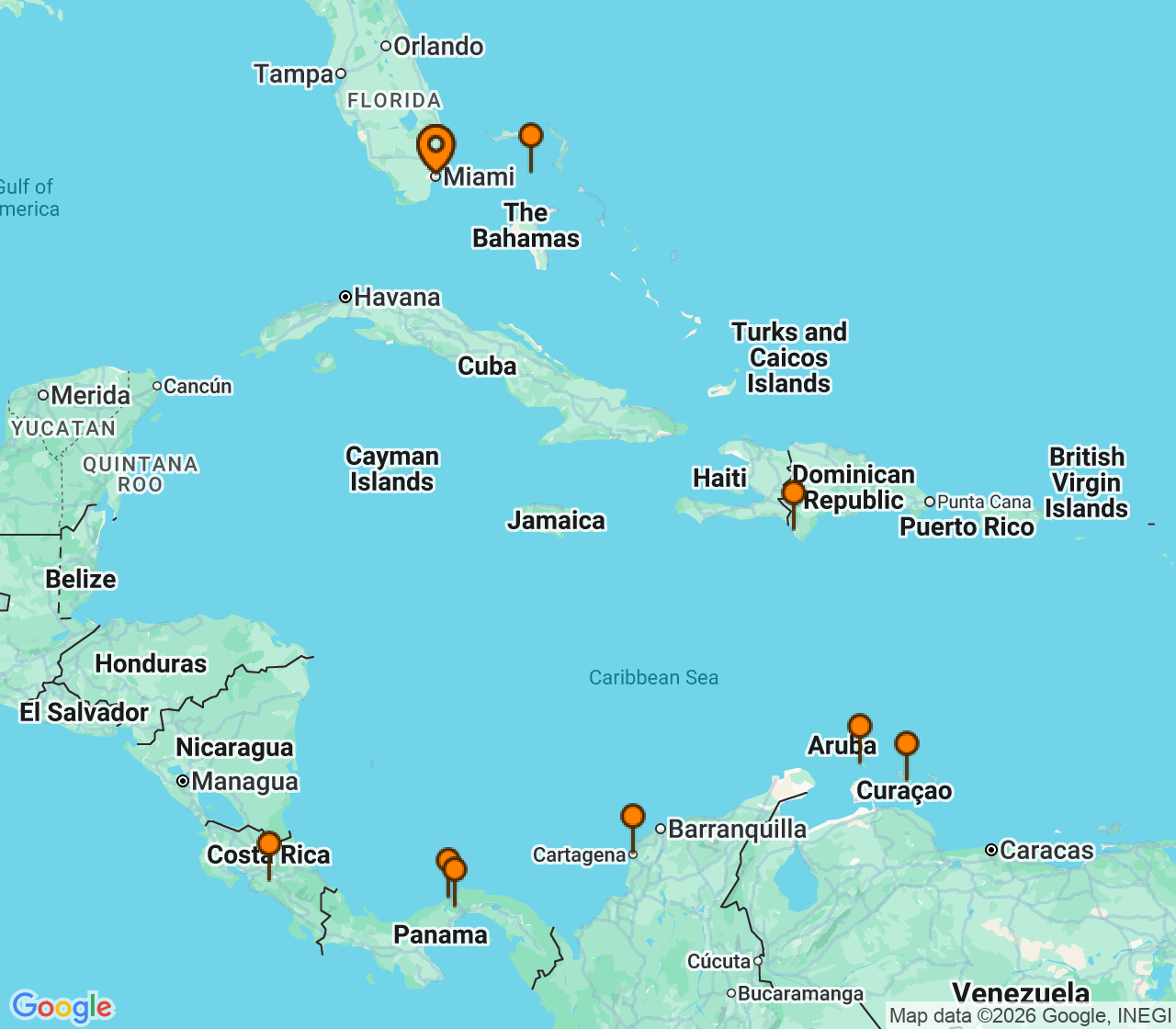 Harta itinerariu Croaziera 2027 - Caraibe si America Centrala (Miami, FL) - Norwegian Cruise Line - Norwegian Sun - 12 nopti