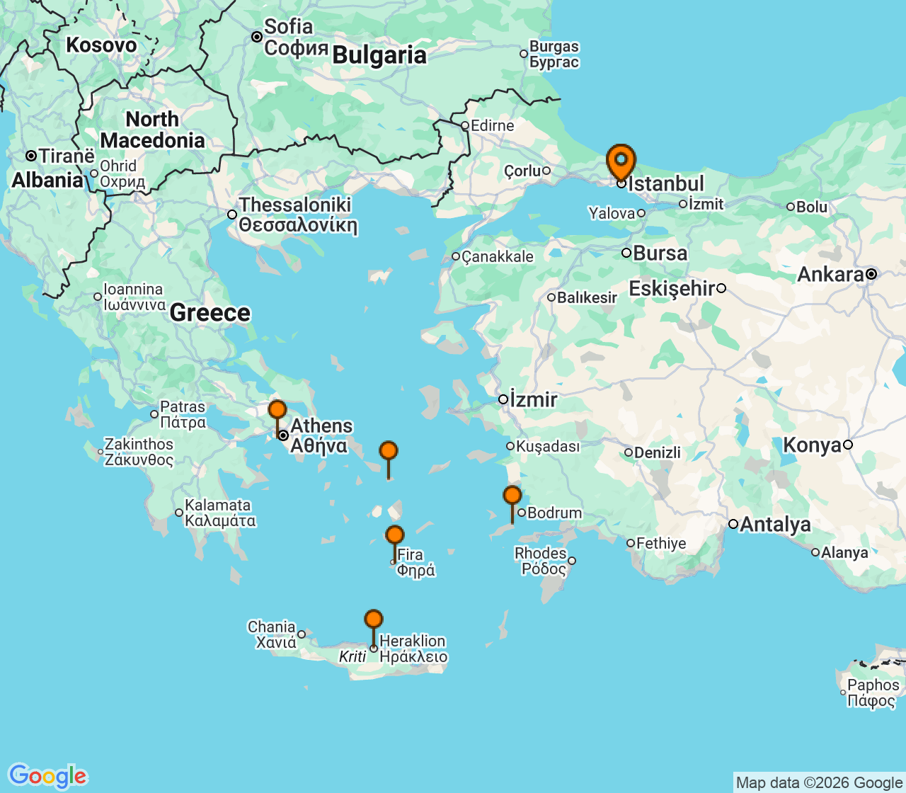 Harta itinerariu Croaziera 2027 - Mediterana (Istanbul, Turcia) - Costa Cruises - Costa Pacifica - 7 nopti