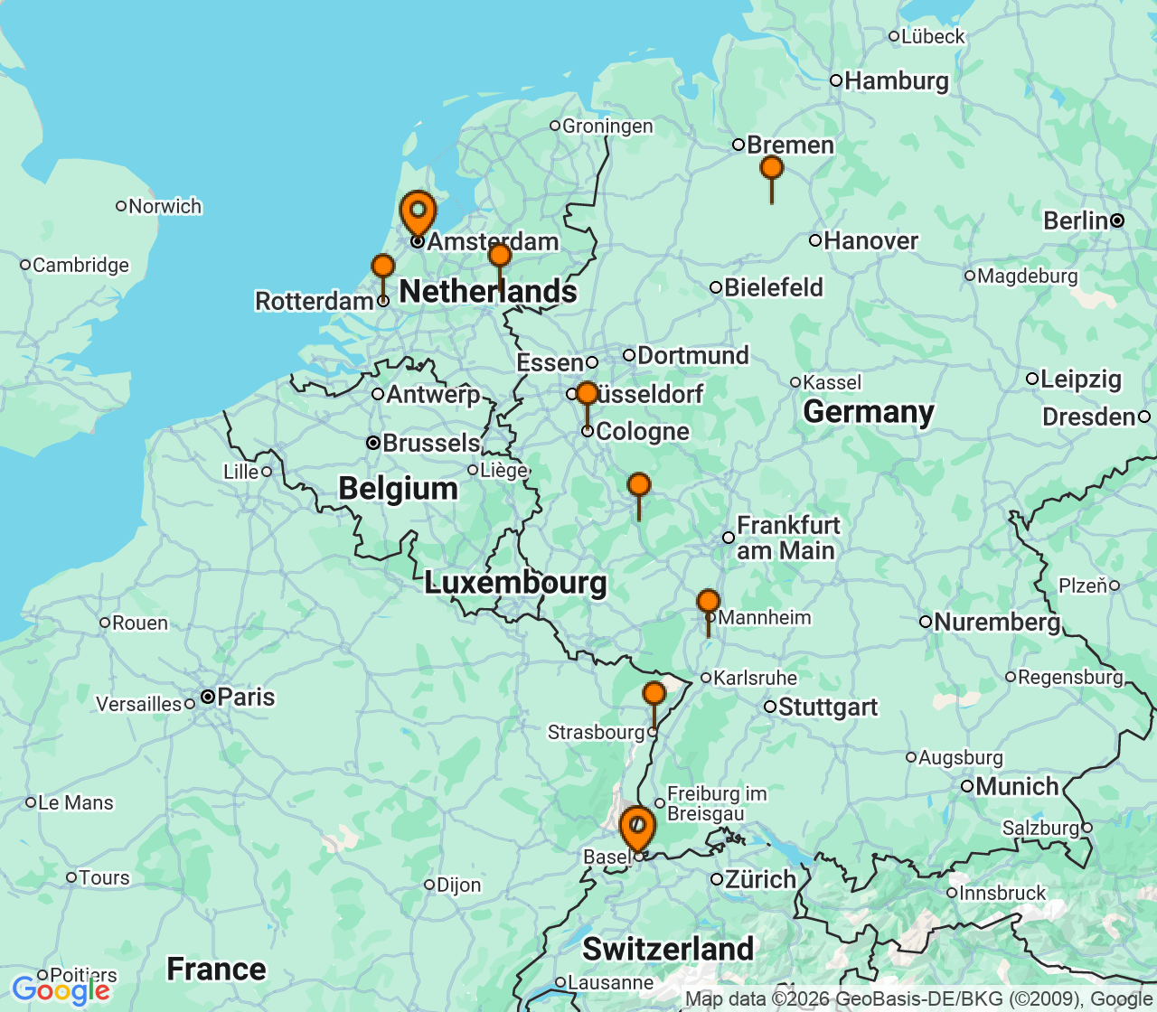 Harta itinerariu Croaziera 2027 - Europa de Nord (Basel, Elvetia) - Uniworld River Cruises - S.S. Audrey - 10 nopti