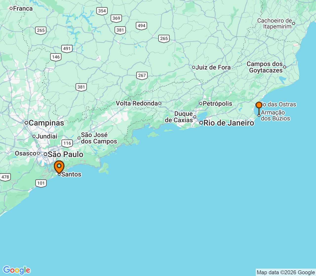 Harta itinerariu Croaziera 2026 - America de Sud (Santos, Brazilia) - MSC Cruises - MSC Musica - 3 nopti