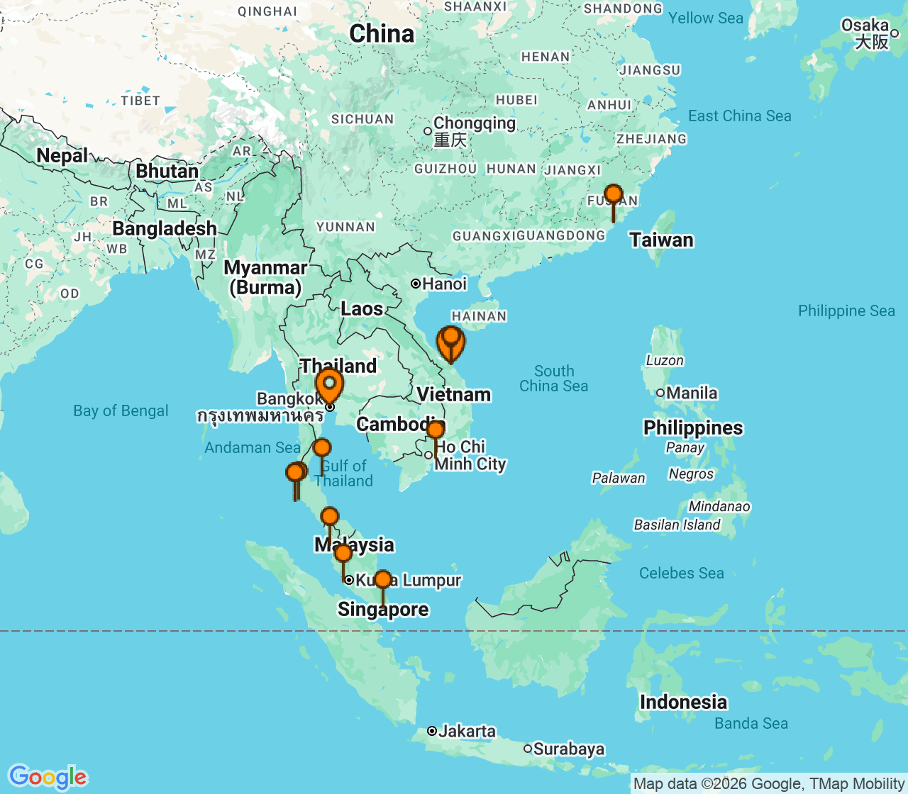 Harta itinerariu Croaziera 2027 - Asia (Orientul Indepartat) (Bangkok, Thailanda) - Windstar Cruises - Star Seeker - 14 nopti